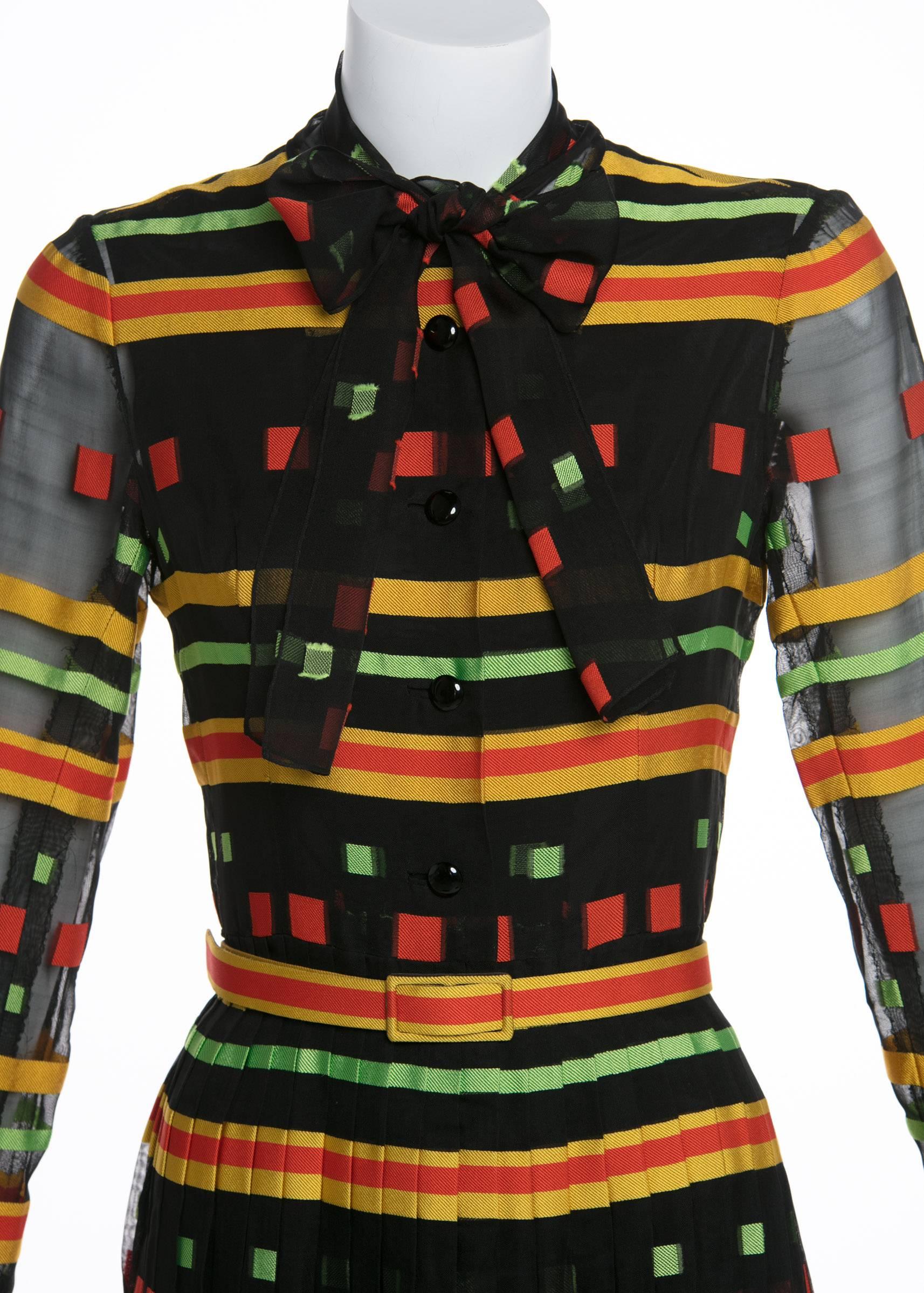 Women's Givenchy Multicolored Striped Pleated  Silk Bow Belted Dress, 1970s  For Sale