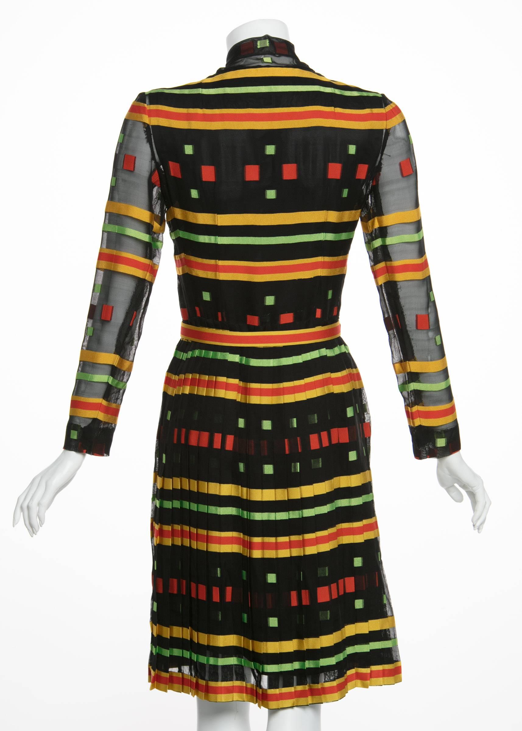 Women's Givenchy Multicolored Striped Pleated  Silk Bow Belted Dress, 1970s 