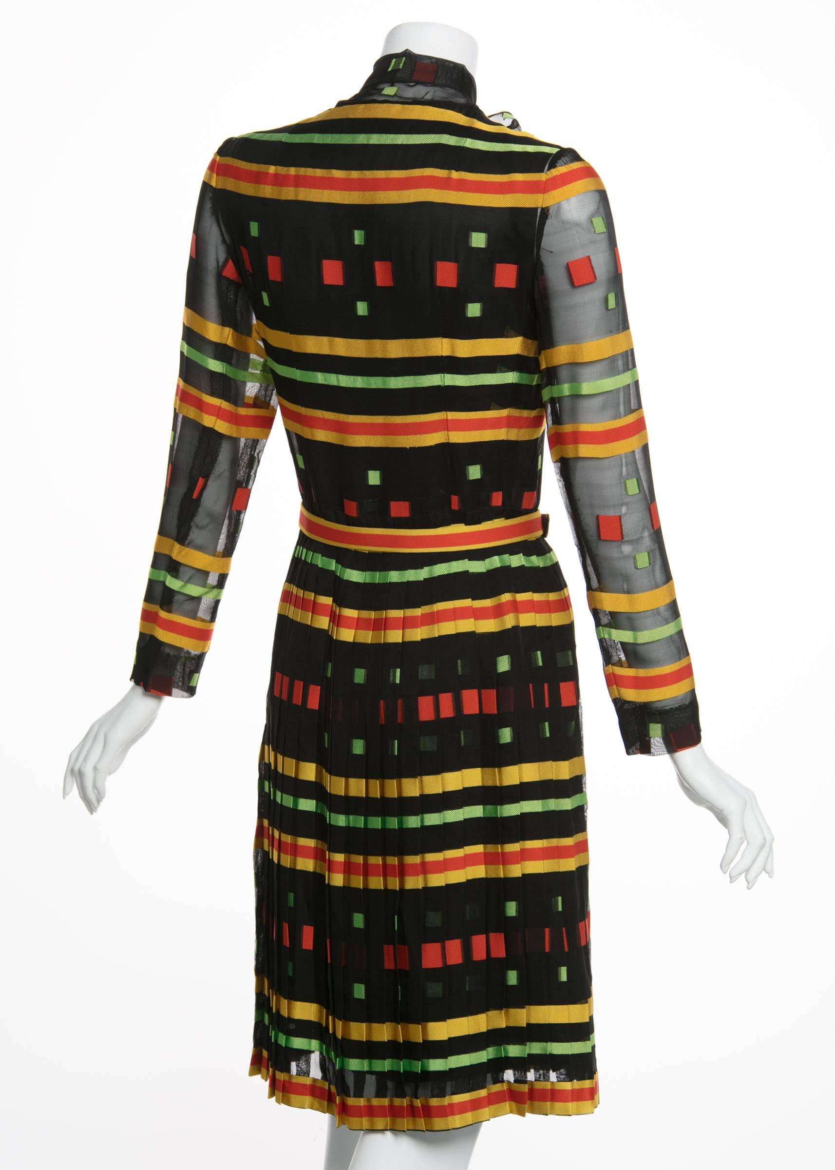 Givenchy Multicolored Striped Pleated  Silk Bow Belted Dress, 1970s  1