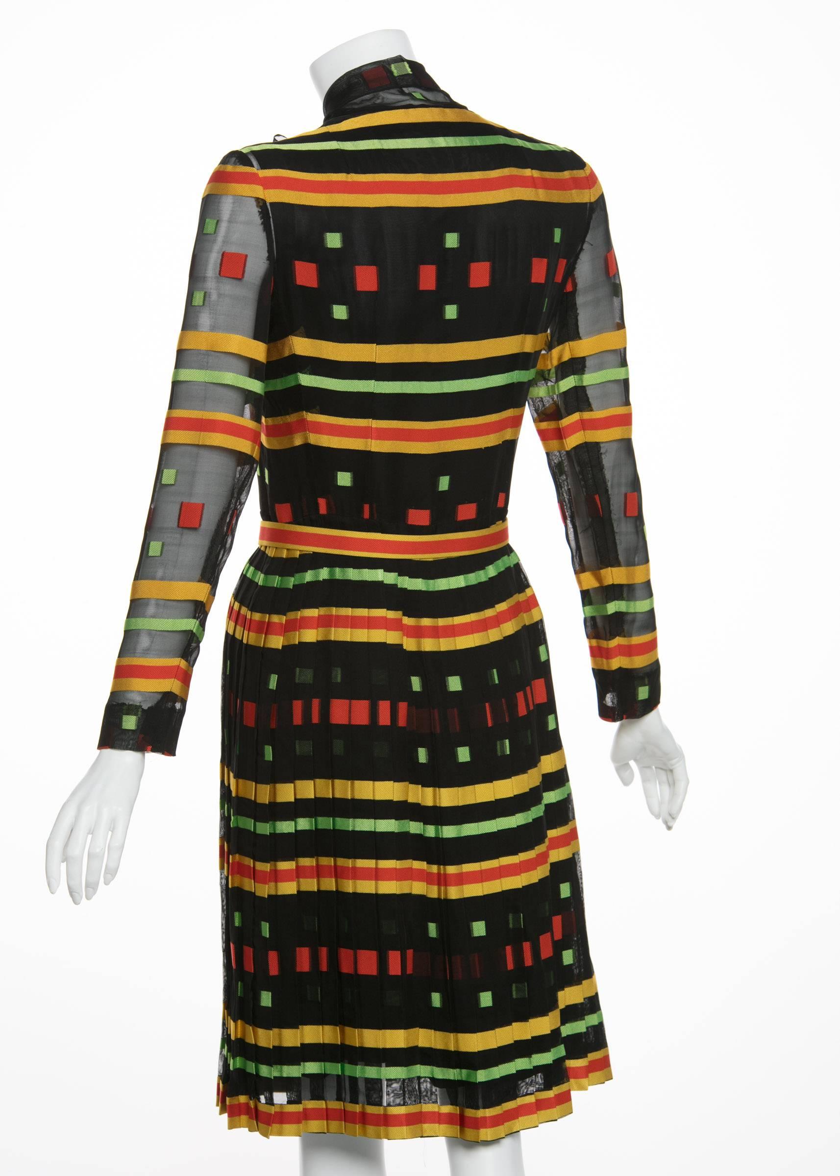 Givenchy Multicolored Striped Pleated  Silk Bow Belted Dress, 1970s  3