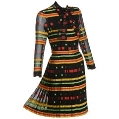 Vintage Givenchy Multicolored Striped Pleated  Silk Bow Belted Dress, 1970s 