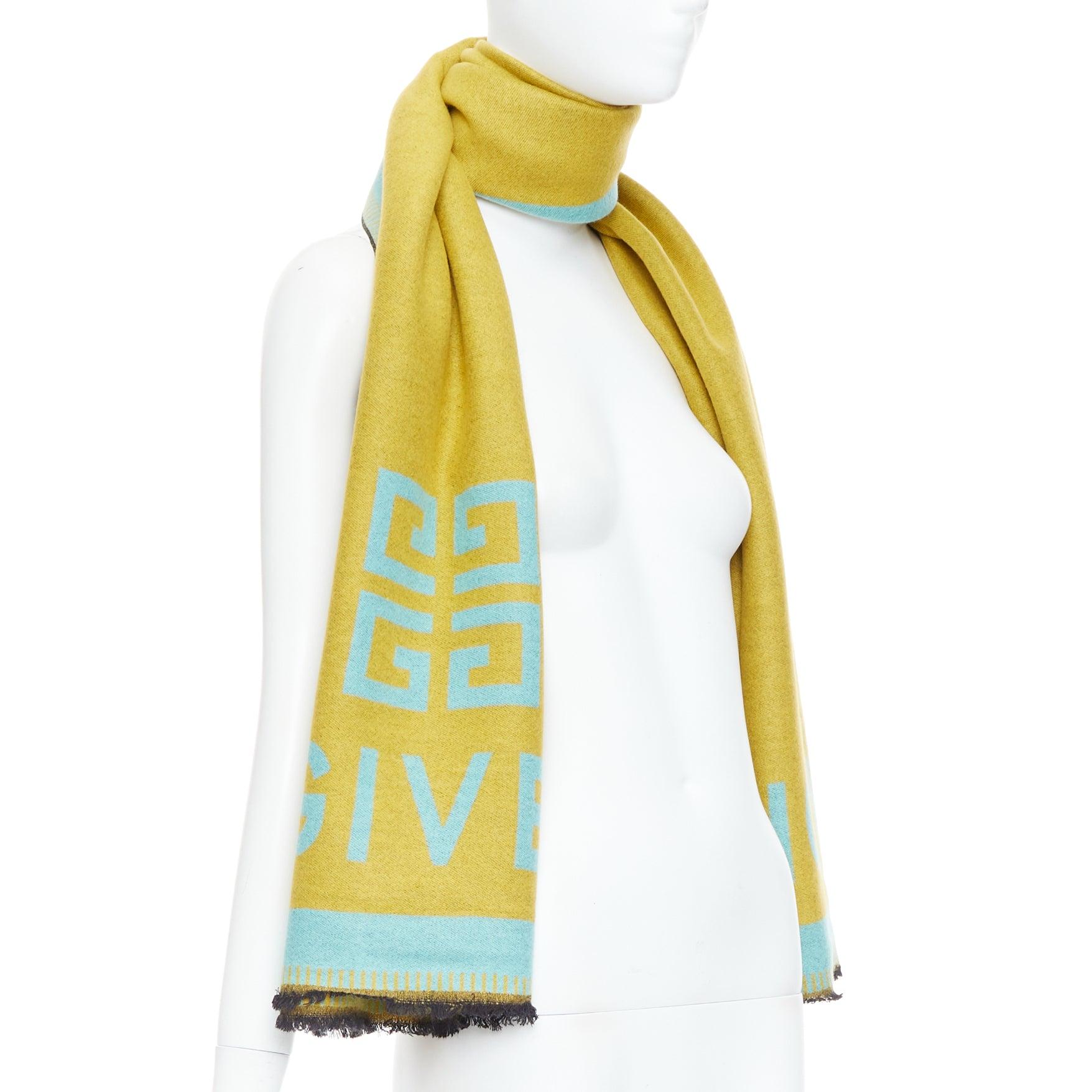 Yellow GIVENCHY mustard mint green wooly black fringe big logo long scarf For Sale