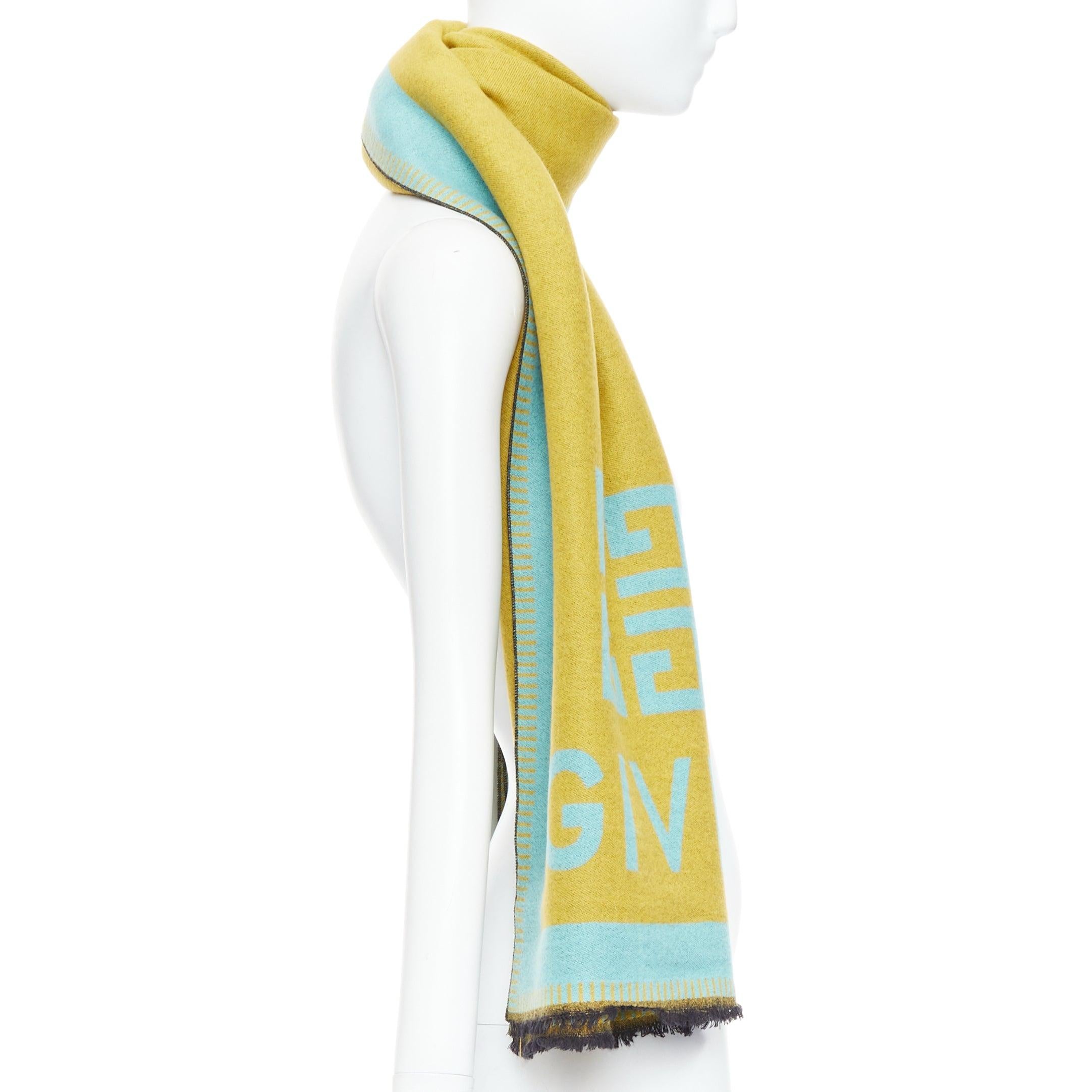 GIVENCHY mustard mint green wooly black fringe big logo long scarf In Good Condition For Sale In Hong Kong, NT