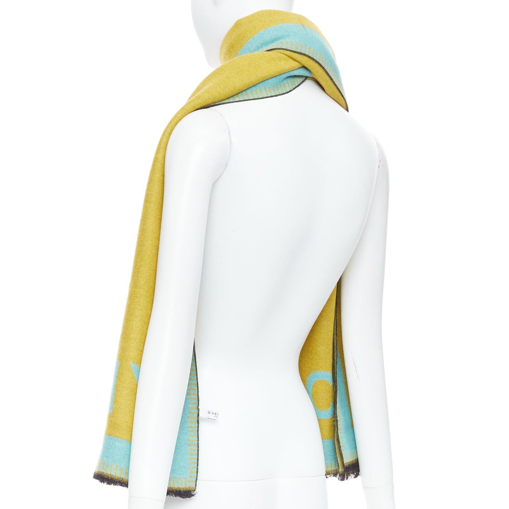 GIVENCHY mustard mint green wooly black fringe big logo long scarf For Sale 1