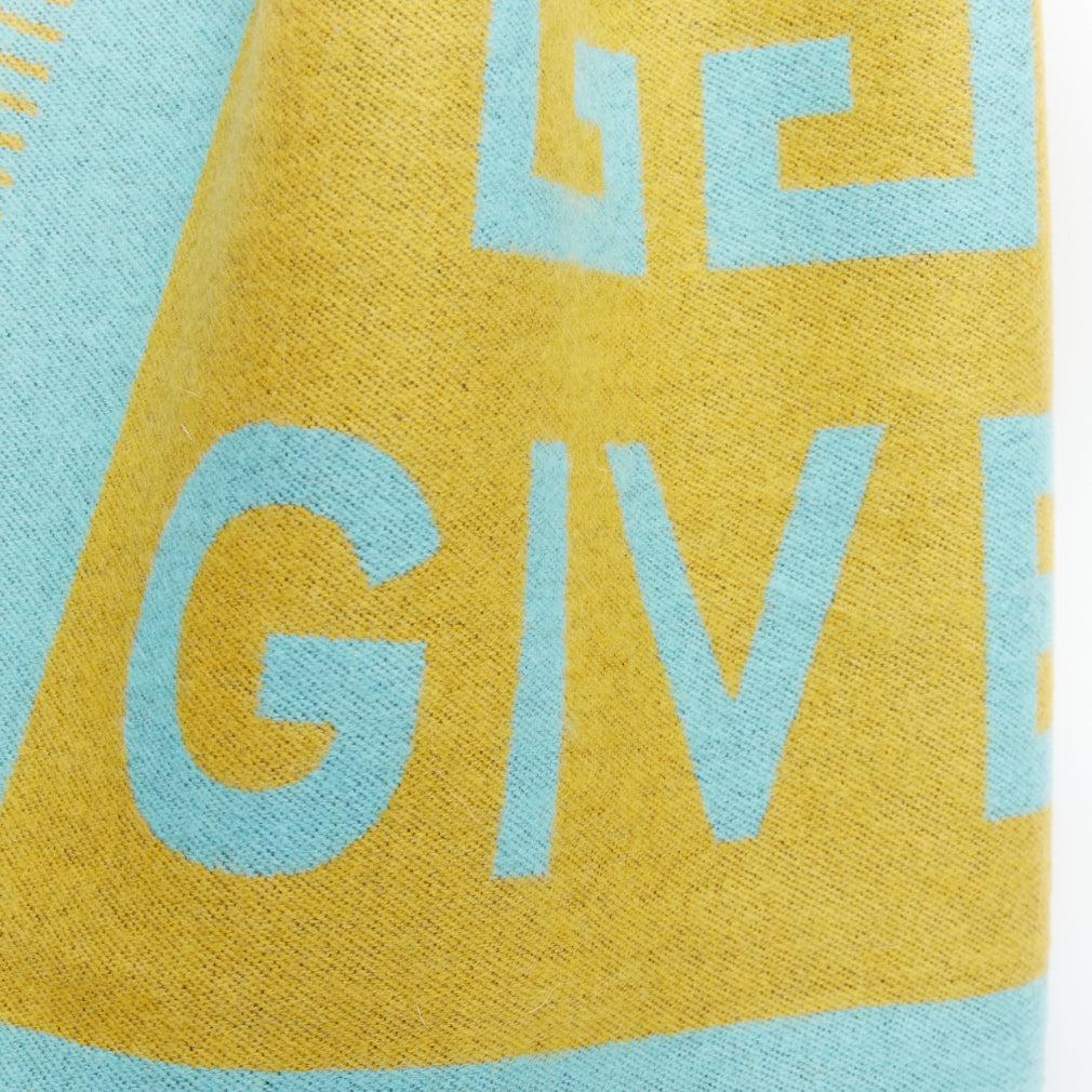 GIVENCHY mustard mint green wooly black fringe big logo long scarf For Sale 2