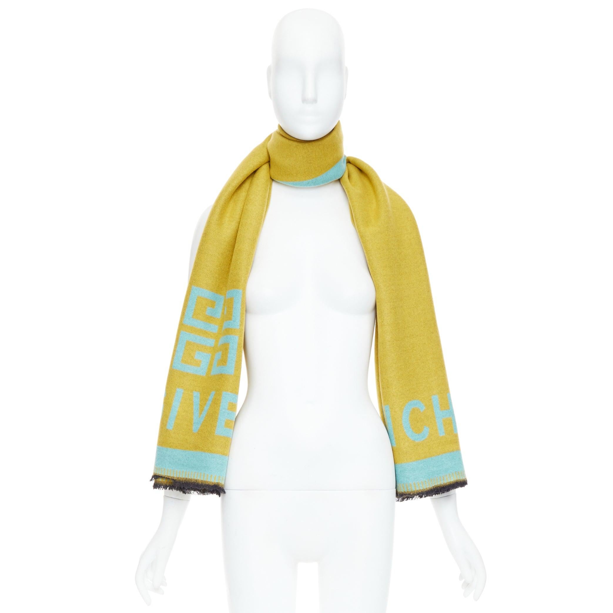 GIVENCHY mustard mint green wooly black fringe big logo long scarf For Sale 4