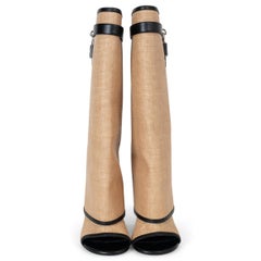 GIVENCHY natural raffia black leather 2024 SHARK LOCK OPEN TOE Boots Shoes 36.5