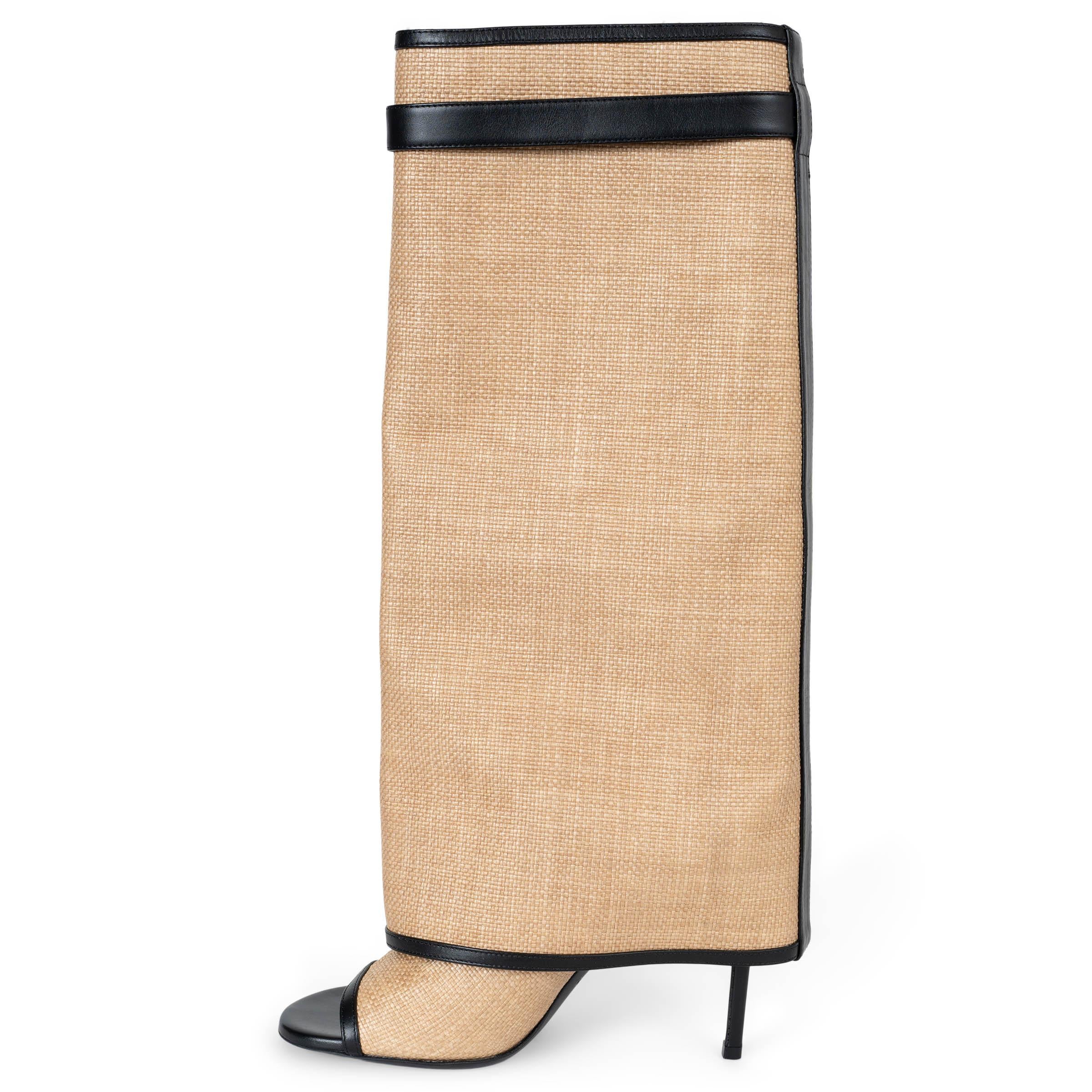 Beige GIVENCHY natural raffia black leather 2024 SHARK LOCK OPEN TOE Boots Shoes 36.5 For Sale