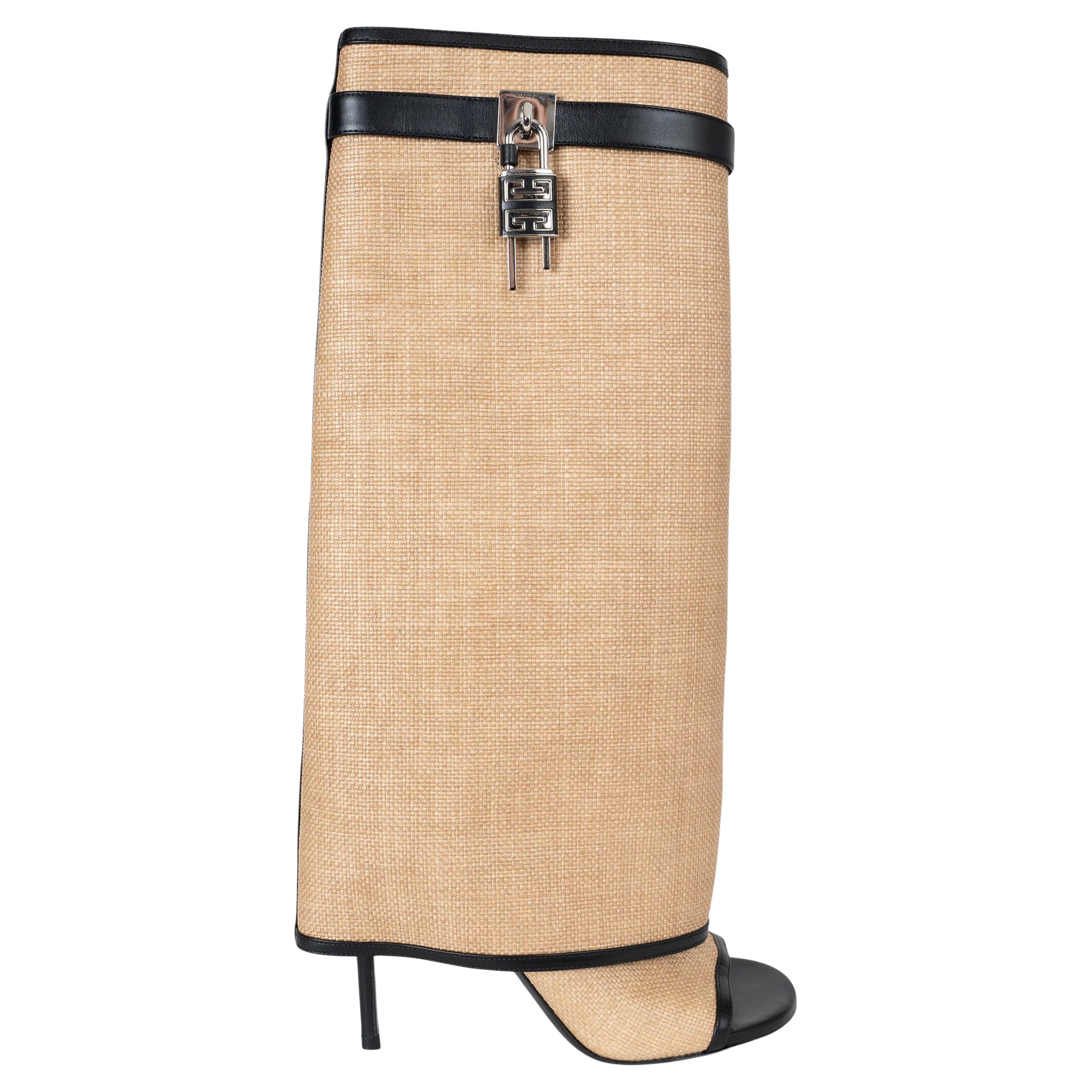 GIVENCHY natural raffia black leather 2024 SHARK LOCK OPEN TOE Boots Shoes 36.5 For Sale