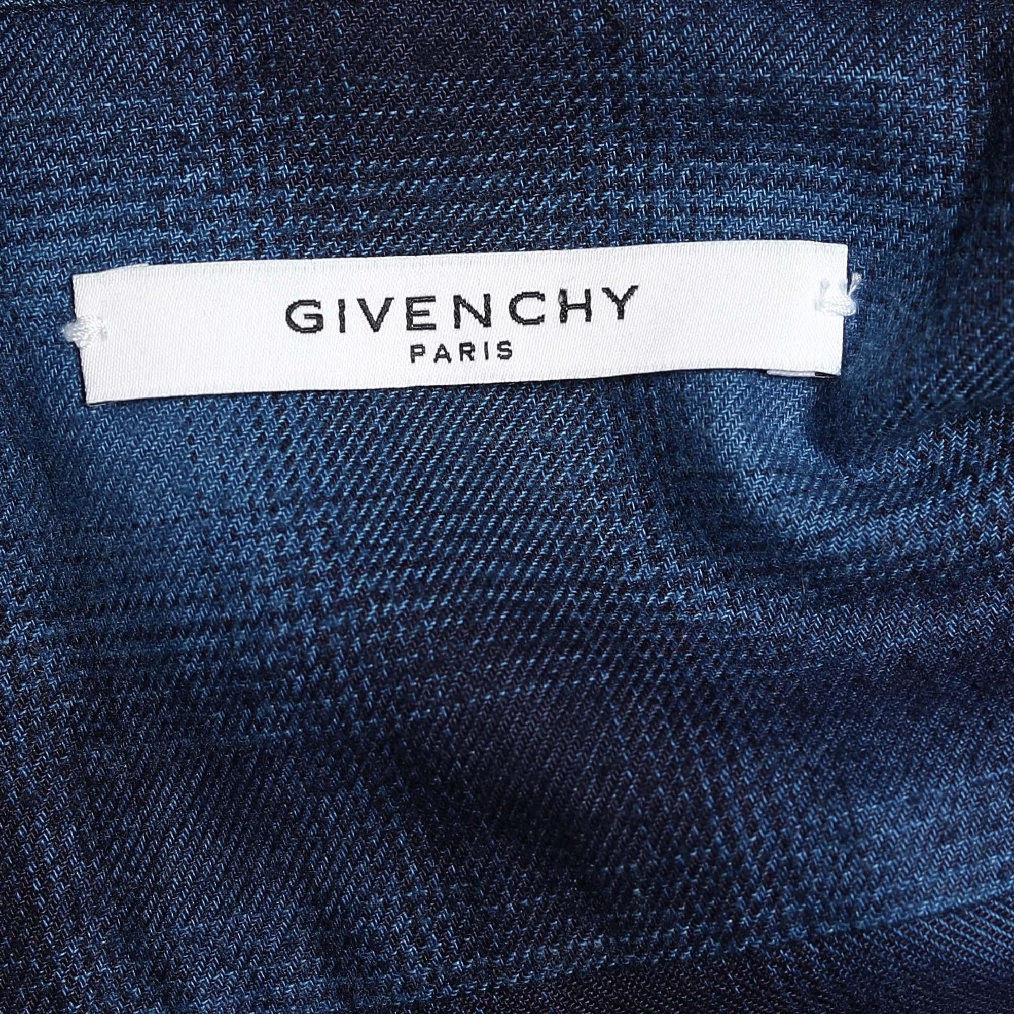 Givenchy Navy Blue Plaid Flannel Stars Patch Long Sleeve Shirt M 1