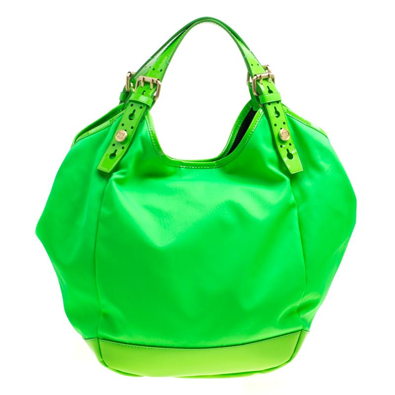 Women's Givenchy Neon Green Nylon and Patent Leather New Sacca Hobo