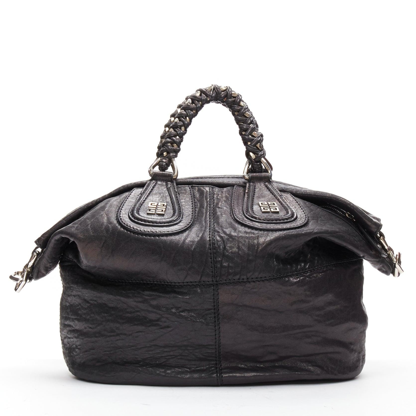 Women's GIVENCHY Nightingale black wrinkled lambskin braided chain top handle satchel