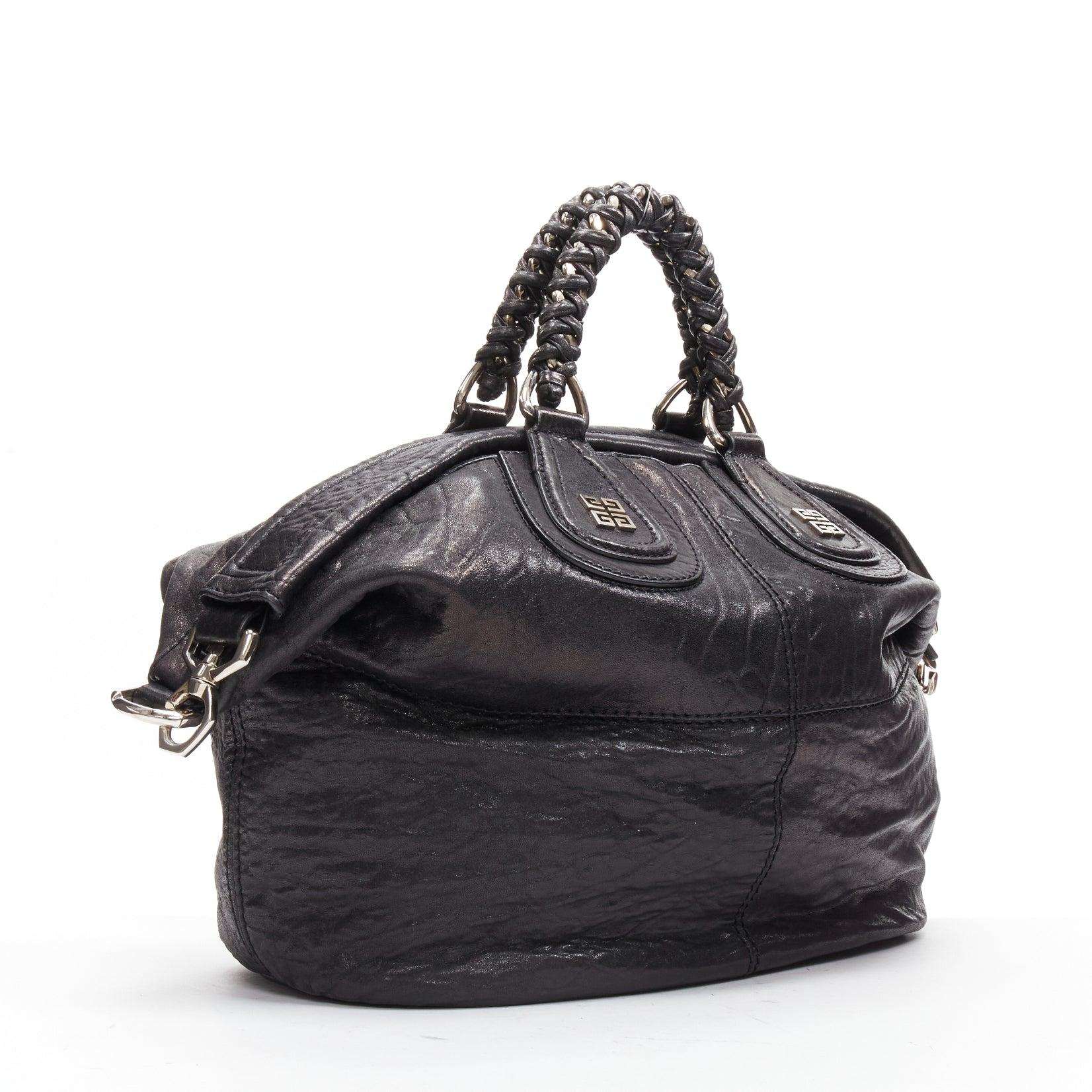 GIVENCHY Nightingale black wrinkled lambskin braided chain top handle satchel 4