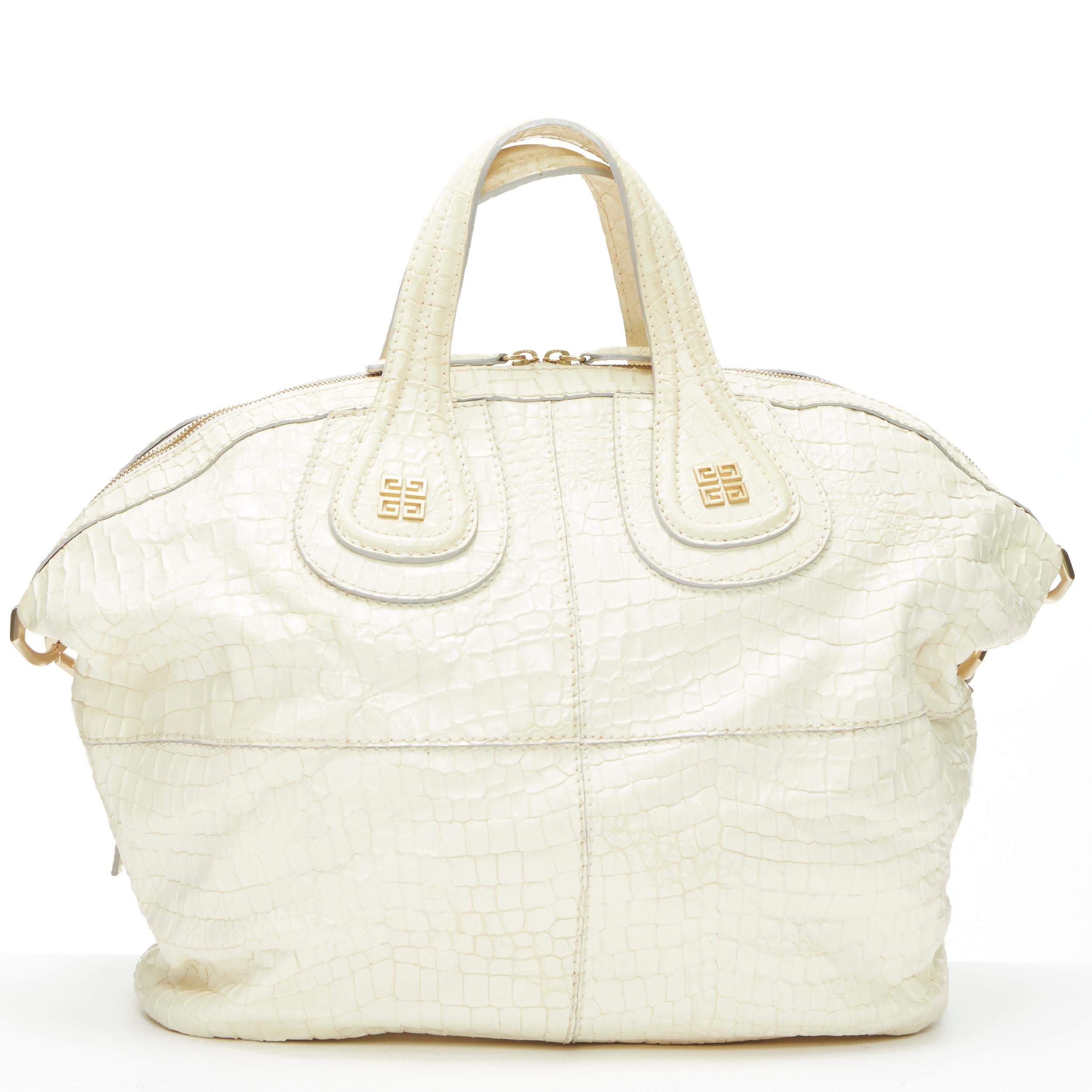 White GIVENCHY Nightingale cream white embossed leather shoulder hobo tote bag