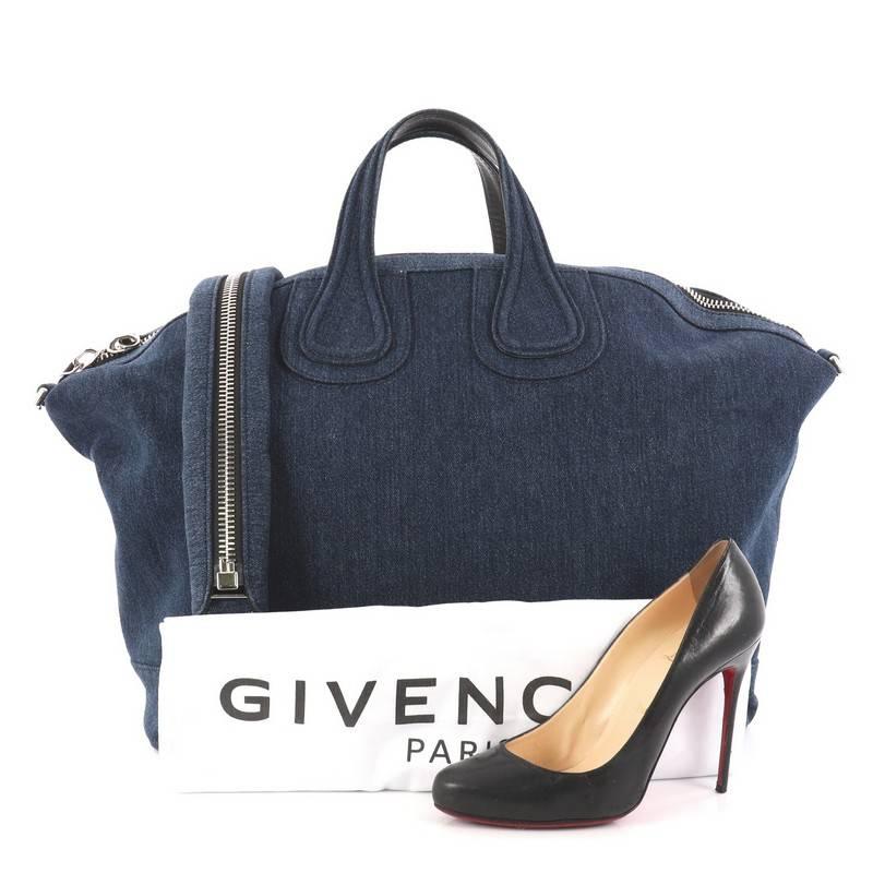 This authentic Givenchy Nightingale Satchel Denim XL is a stylish and functional carry-all fit for everyday excursions or light travels. Constructed in blue denim, this oversized satchel features dual denim handles. Givenchy logo, protective leather