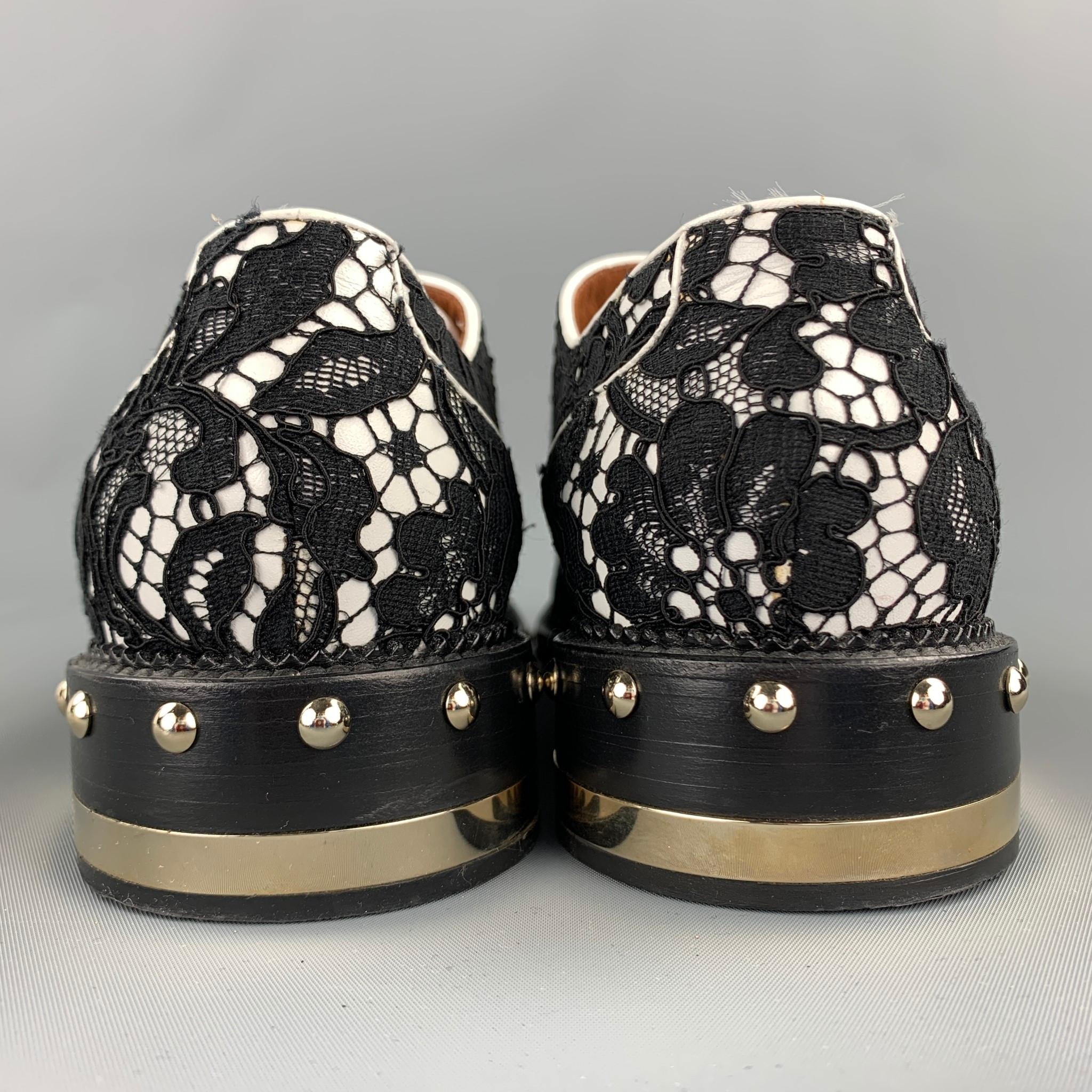 GIVENCHY Nika Size 7.5 Black & White Lace Leather Studded Lace Up Shoes 1