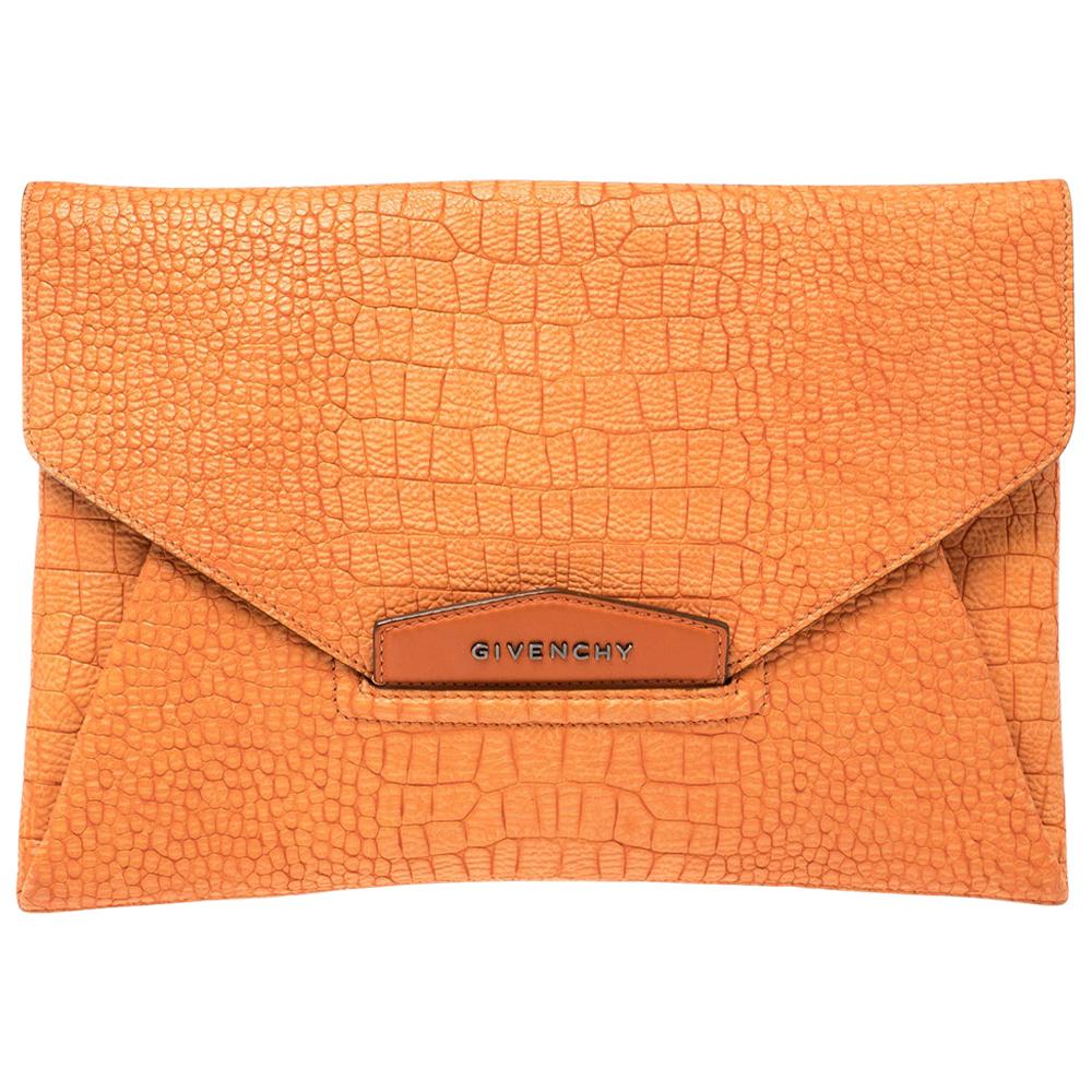 Givenchy Orange Croc Embossed Leather Antigona Envelope Clutch