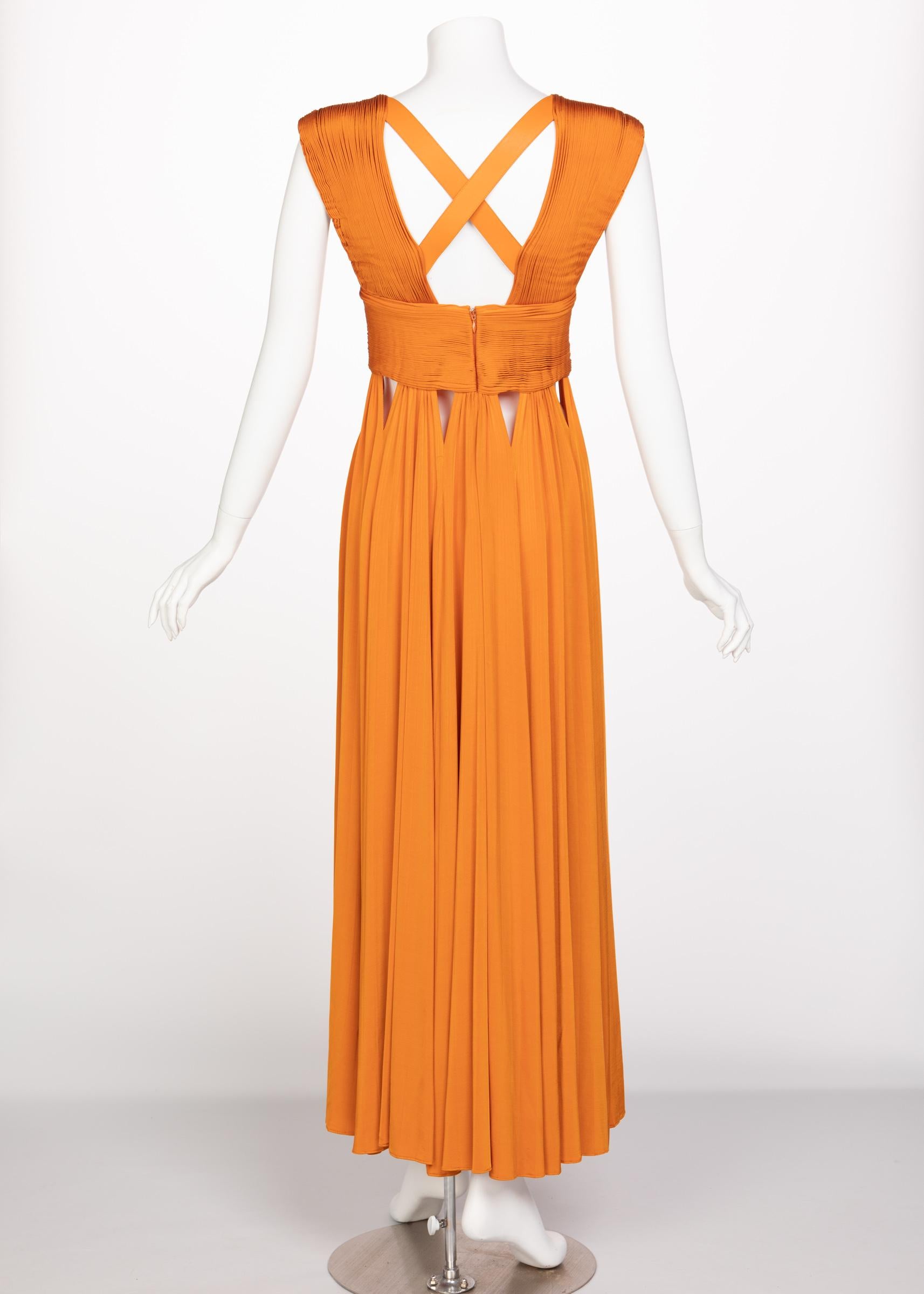 Women's or Men's Givenchy Tisci Orange Jersey Leather Cut-Out Maxi Dress, 2014 For Sale