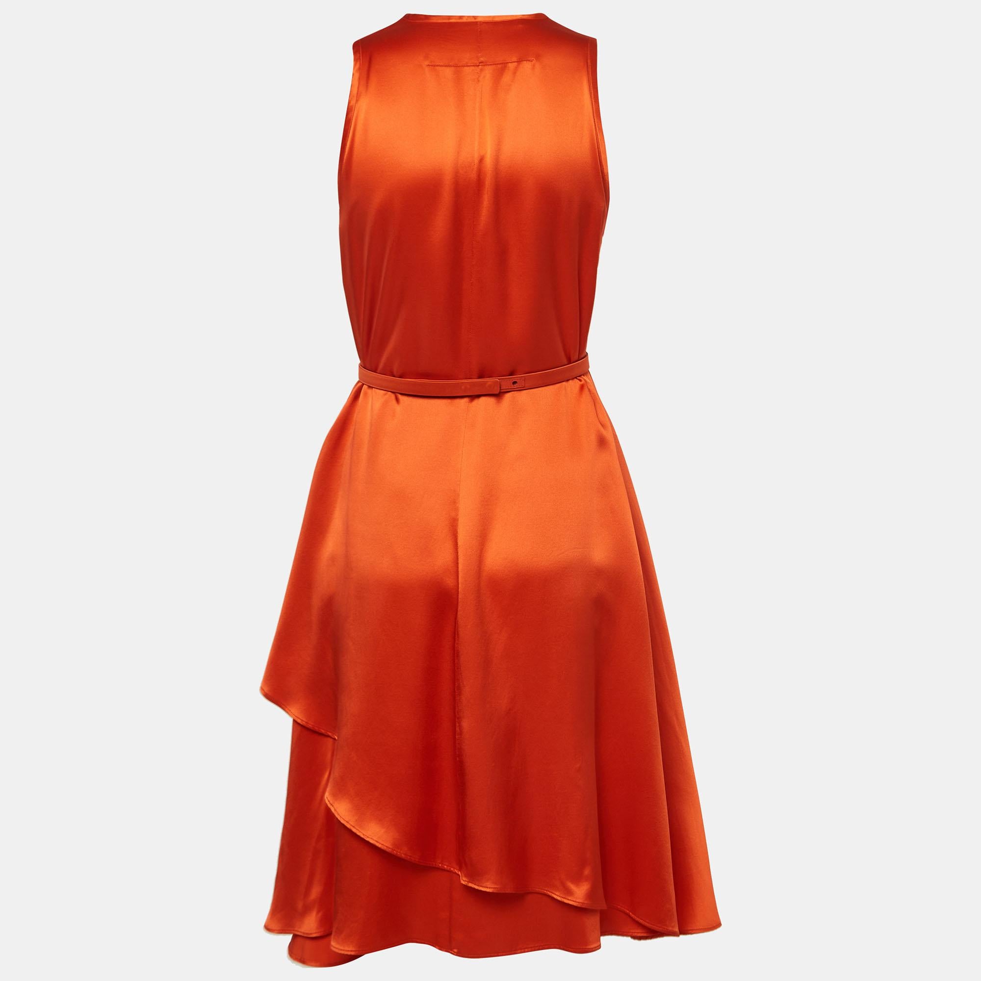 Givenchy Orange Satin Belted Sleeveless Layer Dress M In Good Condition For Sale In Dubai, Al Qouz 2