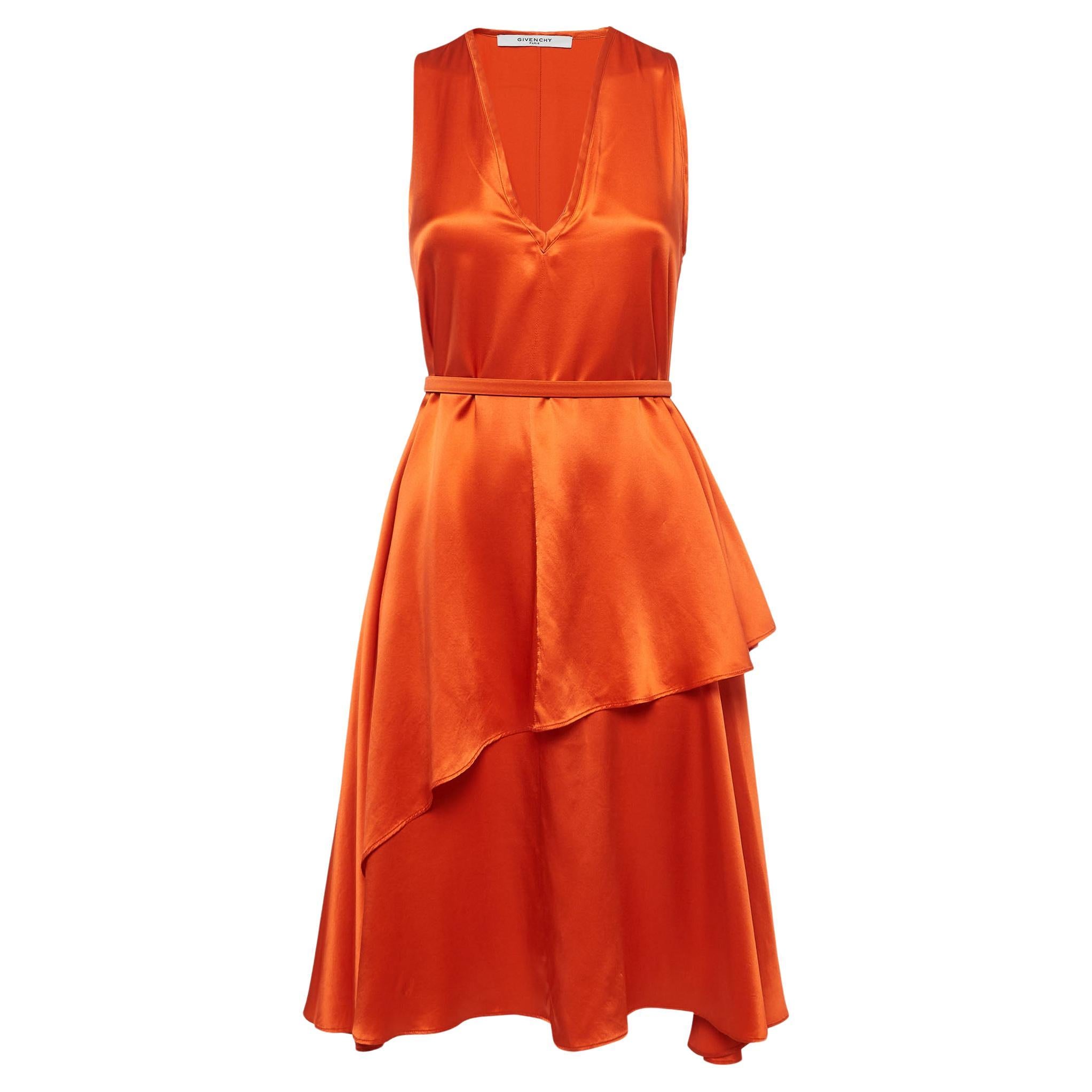 Givenchy Orange Satin Belted Sleeveless Layer Dress M For Sale
