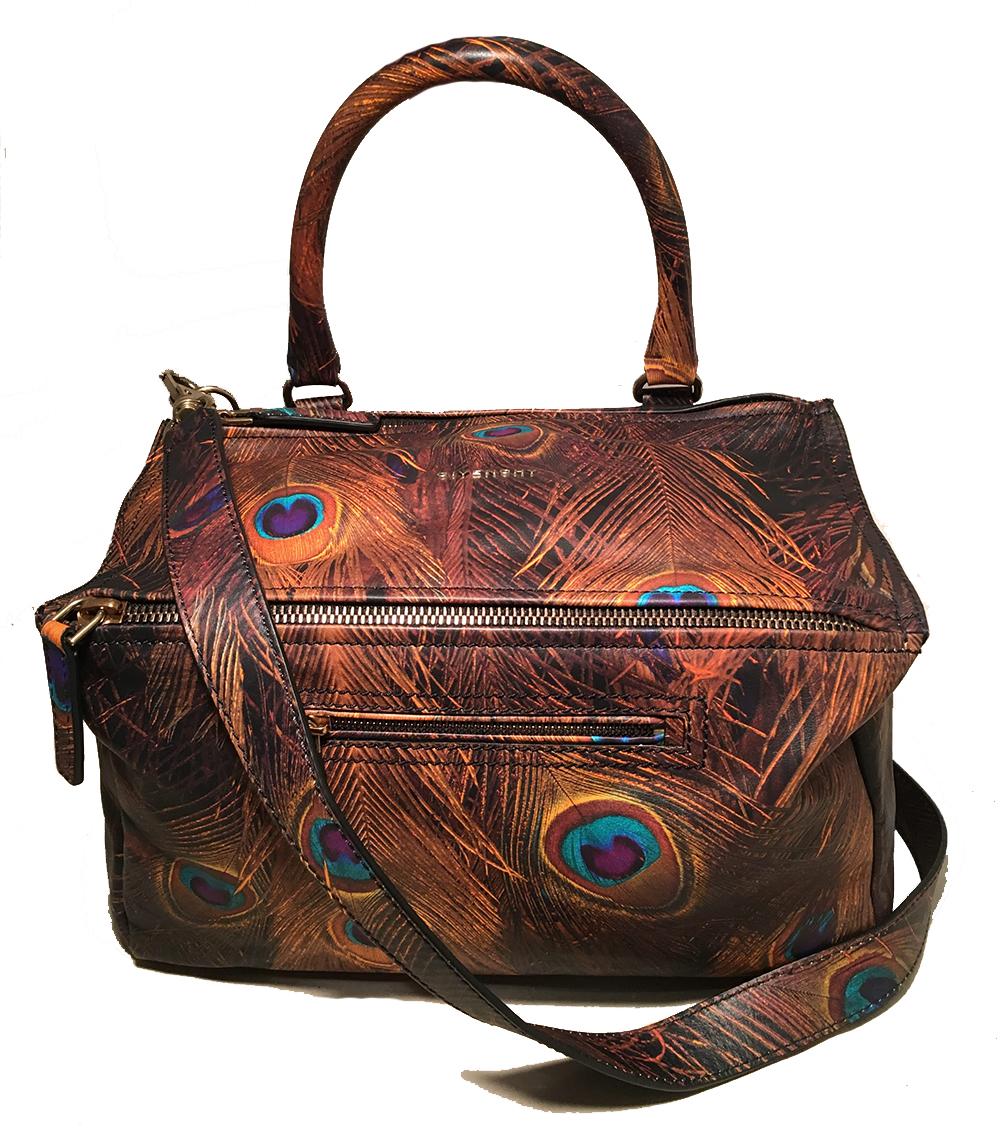 Givenchy Pandora Peacock Print Leather Shoulder Bag in excellent condition. Realistic peacock feather print leather exterior trimmed with gold hardware, top handle, matching removable shoulder strap, and unique box shape. 2 front exterior zipped