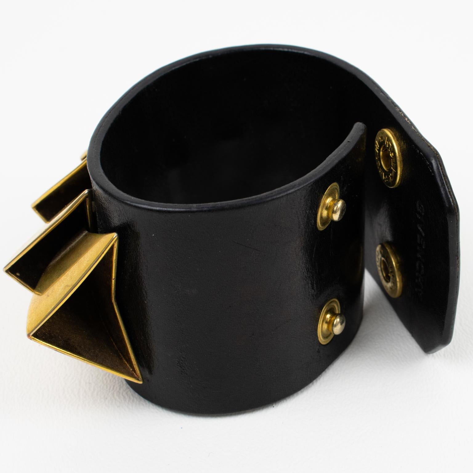Givenchy Paris Brass and Black Leather Brutalist Belt Bracelet For Sale 2