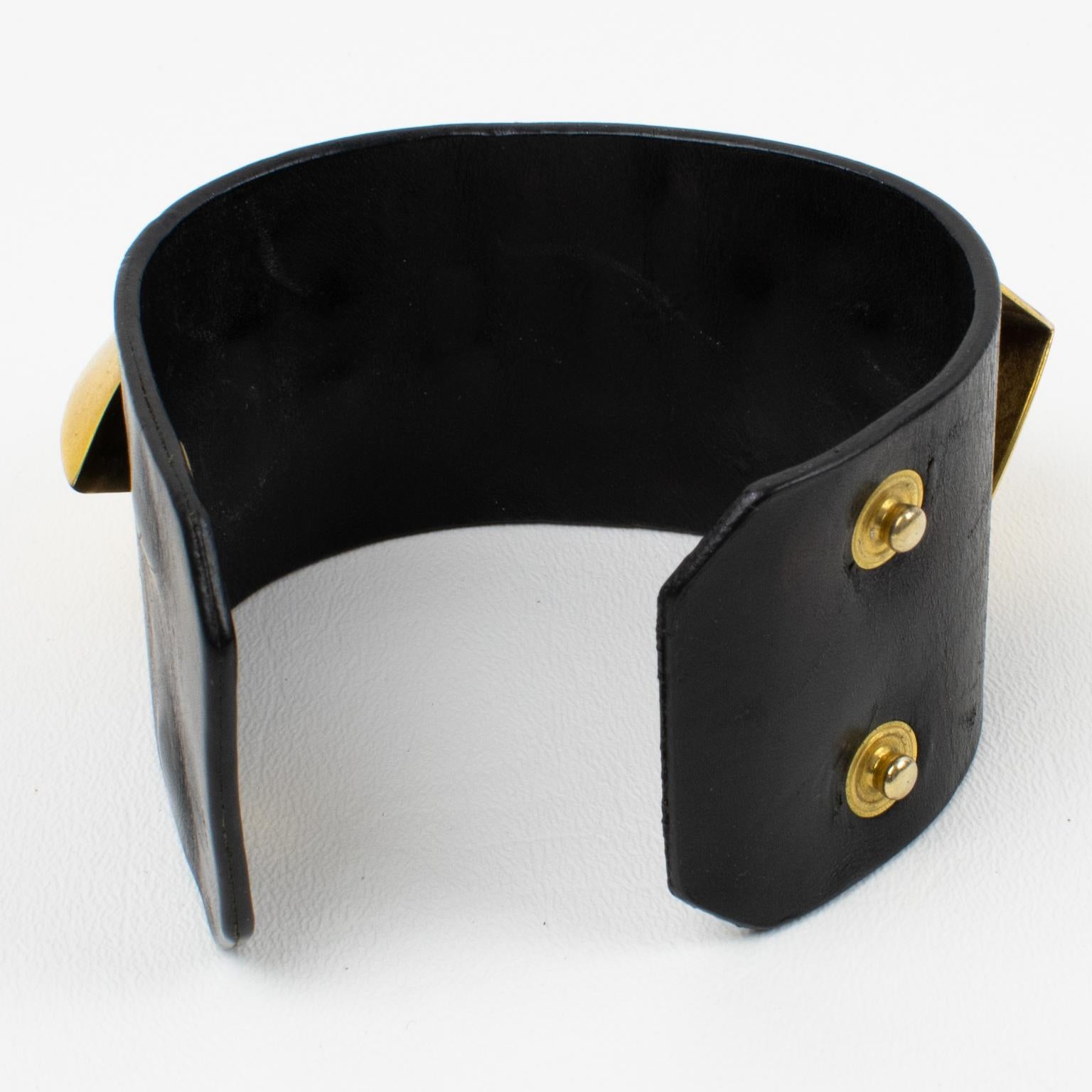 Women's or Men's Givenchy Paris Brass and Black Leather Brutalist Belt Bracelet For Sale