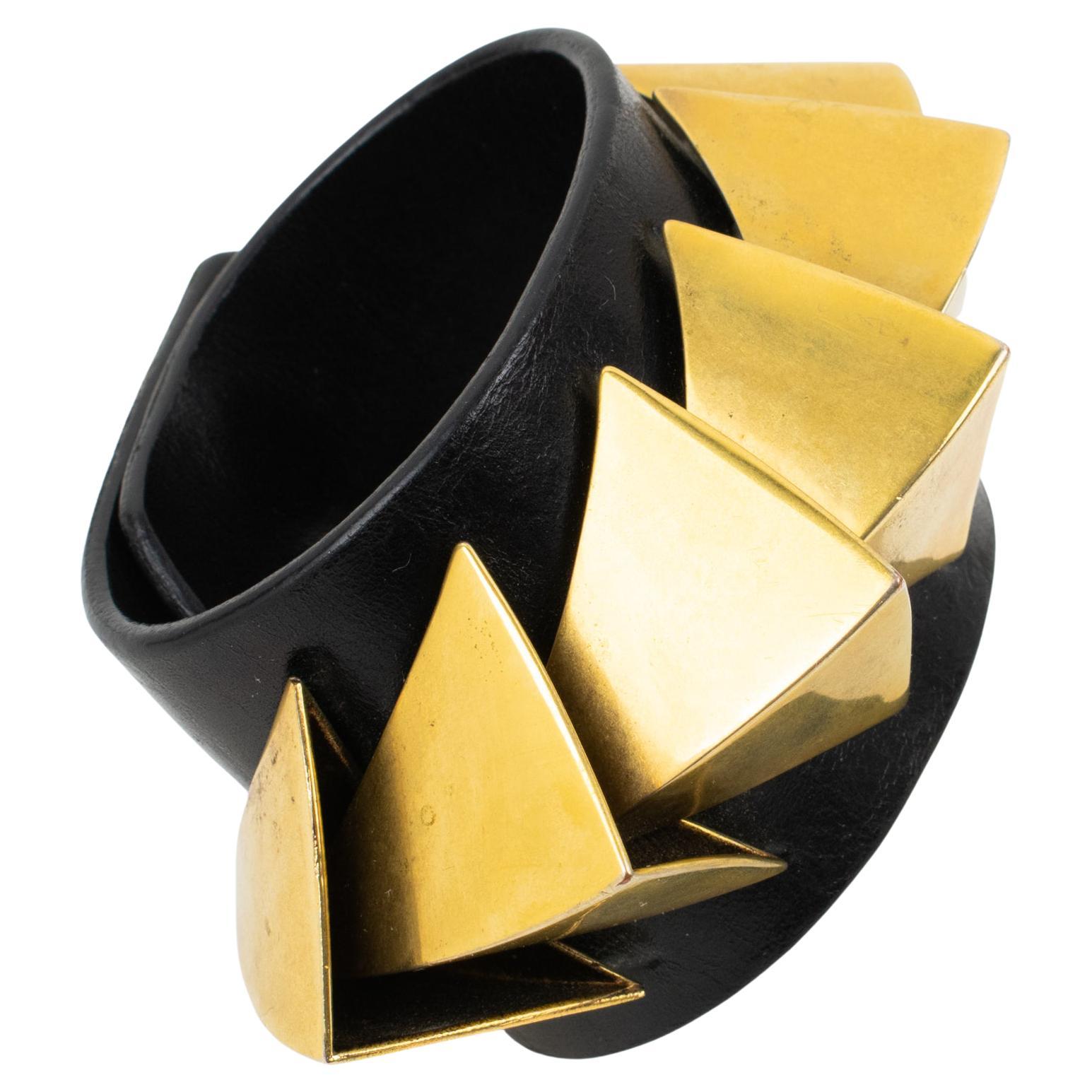 Givenchy Paris Brass and Black Leather Brutalist Belt Bracelet For Sale