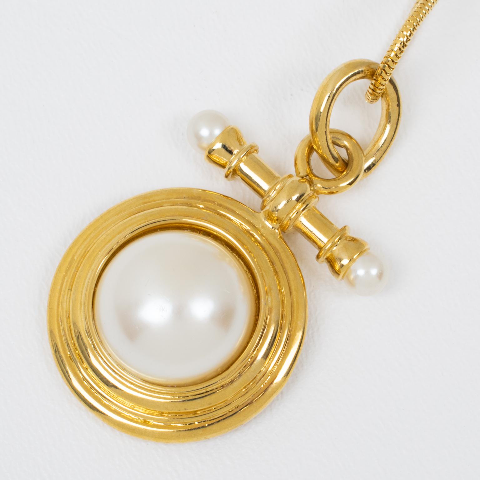 Givenchy Paris Gilt Metal Geometric Pendant Necklace with Pearl Cabochons For Sale 2