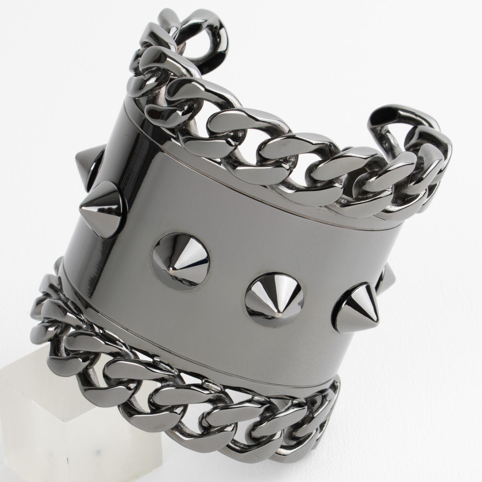 Givenchy Paris High-Gloss Gunmetal Chains and Studs Cuff Bracelet For Sale 5