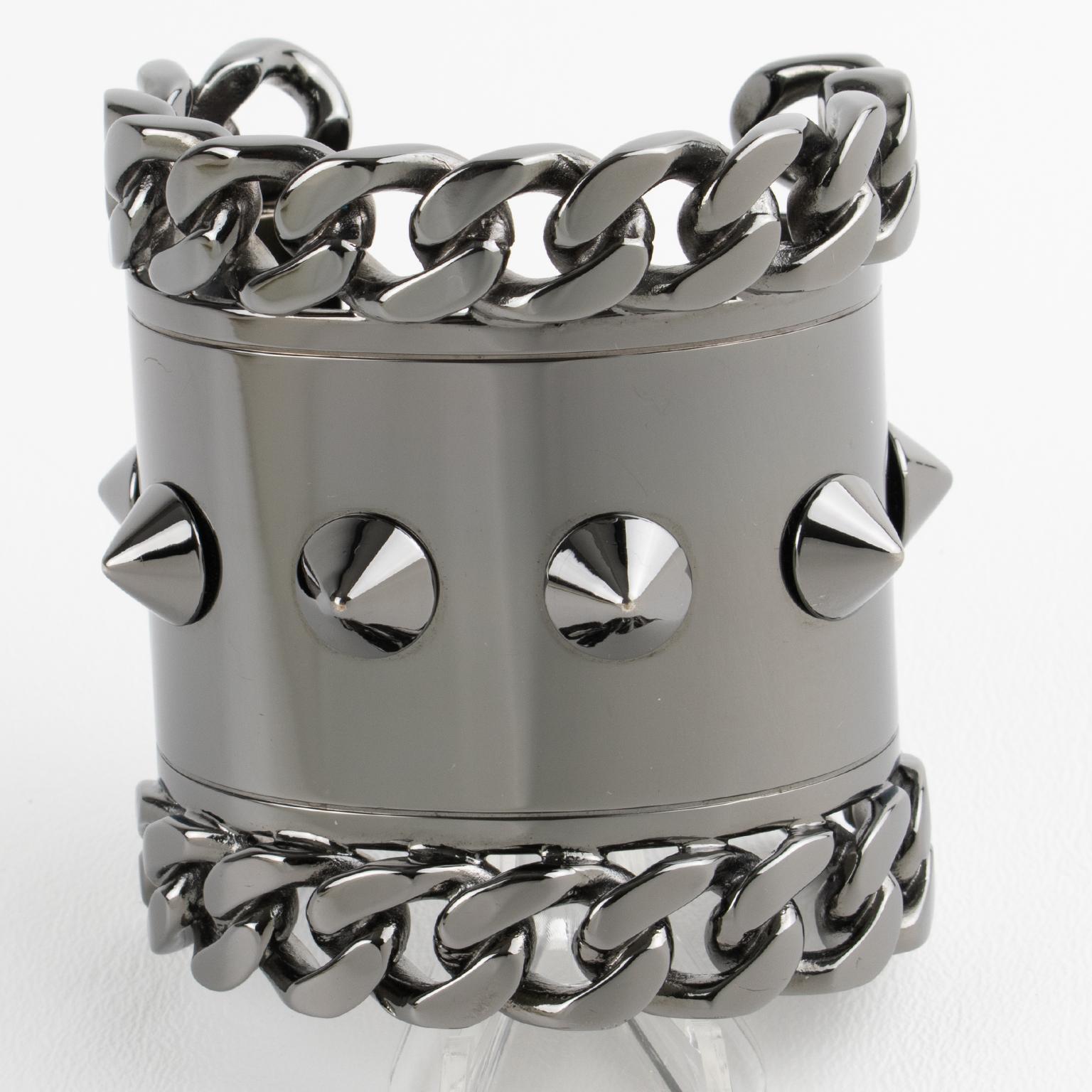 Givenchy Paris High-Gloss Gunmetal Chains and Studs Cuff Bracelet For Sale 6