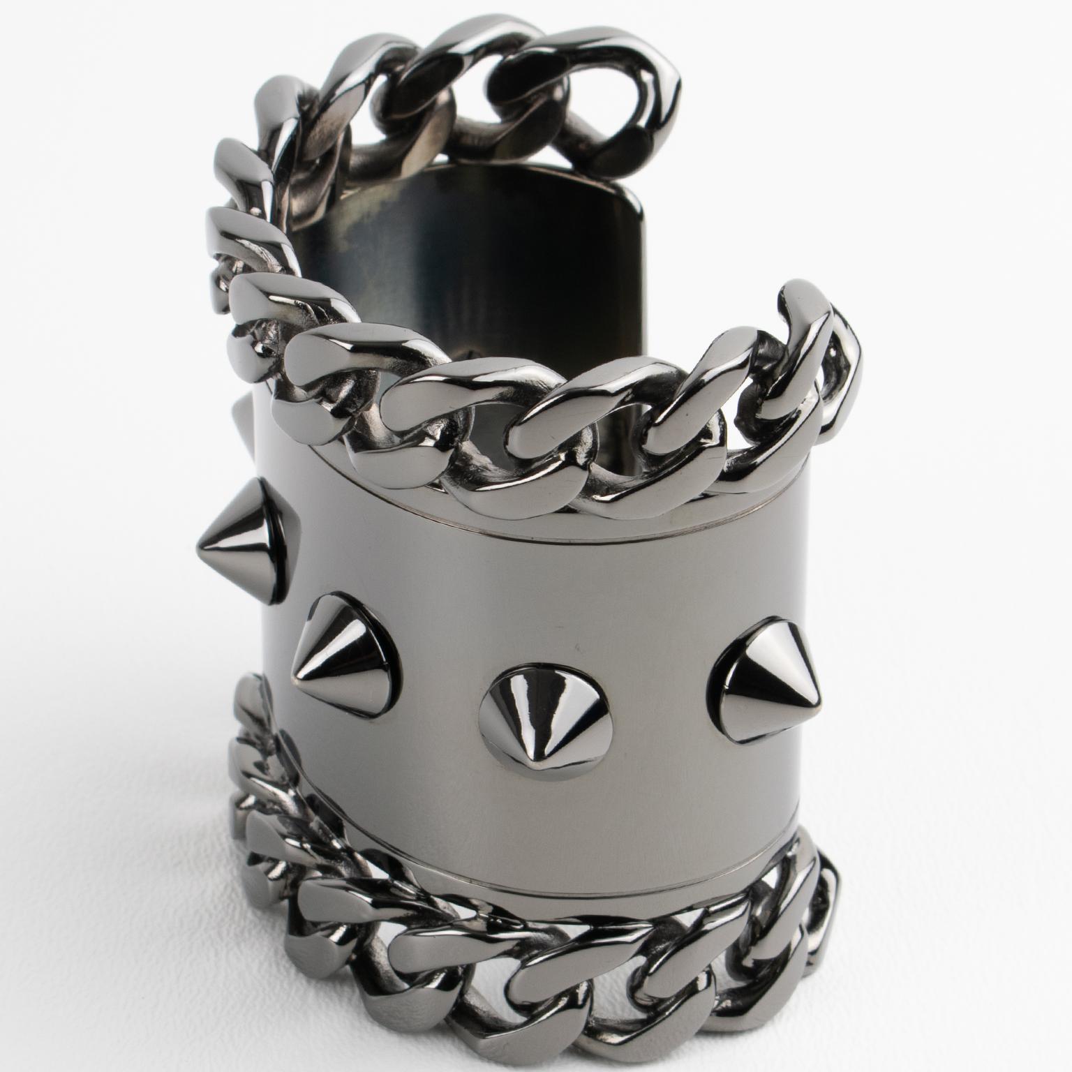 Givenchy Paris High-Gloss Gunmetal Chains and Studs Cuff Bracelet For Sale 9