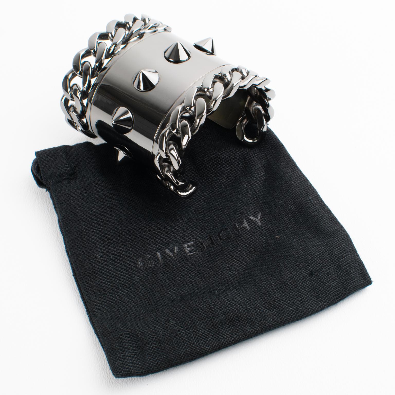 Givenchy Paris High-Gloss Gunmetal Chains and Studs Cuff Bracelet For Sale 10