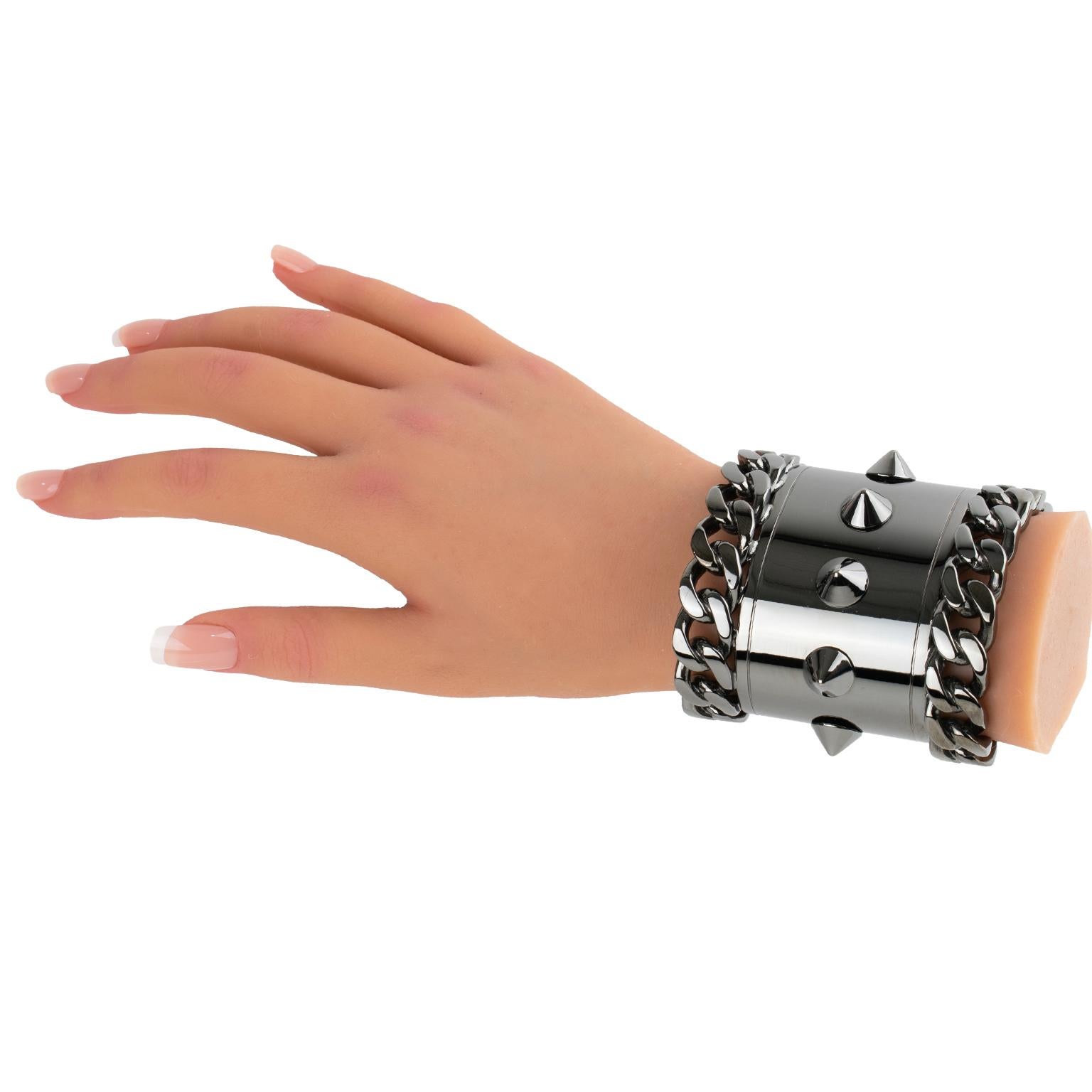Givenchy Paris High-Gloss Gunmetal Chains and Studs Cuff Bracelet For Sale 11