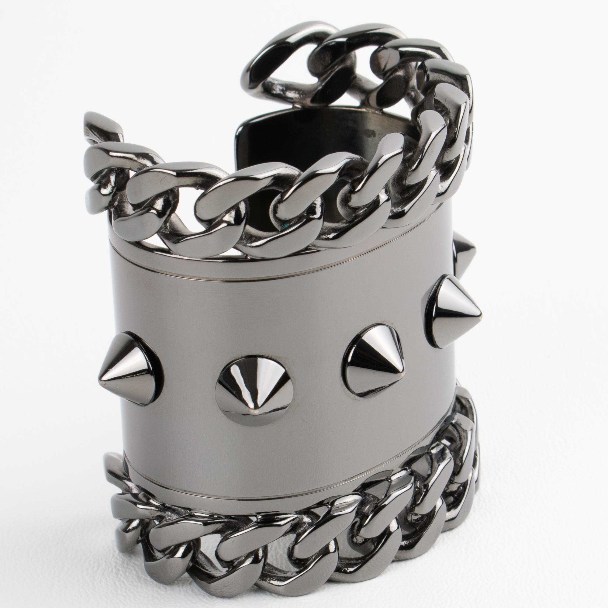 Modern Givenchy Paris High-Gloss Gunmetal Chains and Studs Cuff Bracelet For Sale