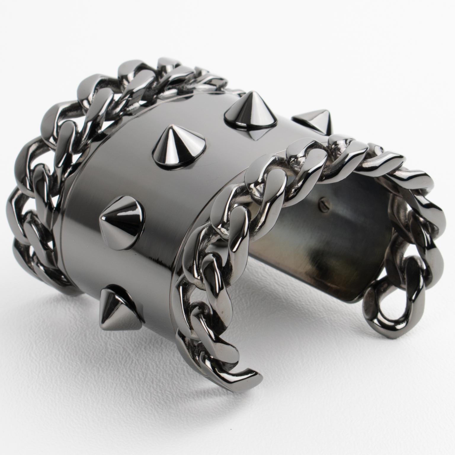Givenchy Paris High-Gloss Gunmetal Chains and Studs Cuff Bracelet For Sale 1