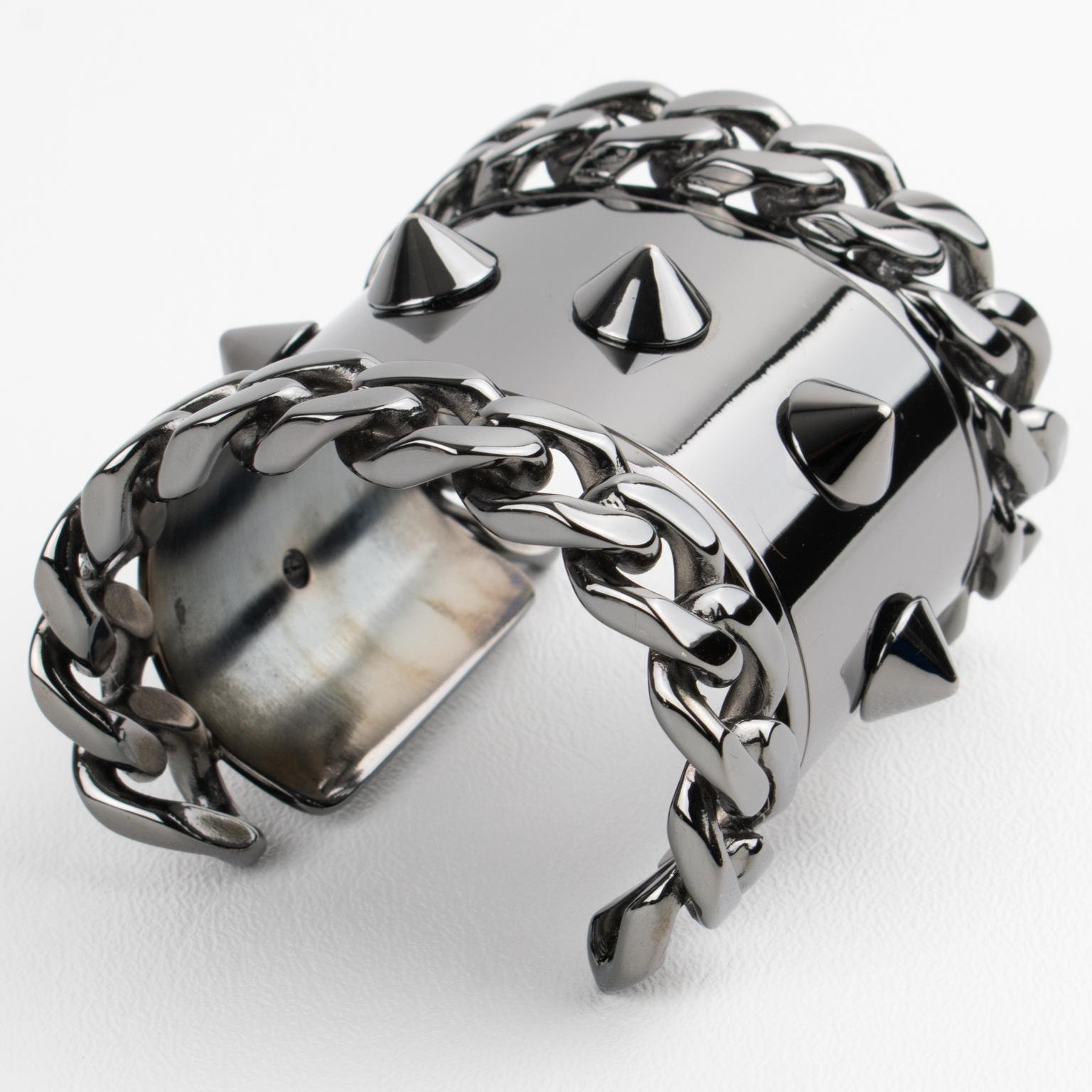 Givenchy Paris High-Gloss Gunmetal Chains and Studs Cuff Bracelet For Sale 2