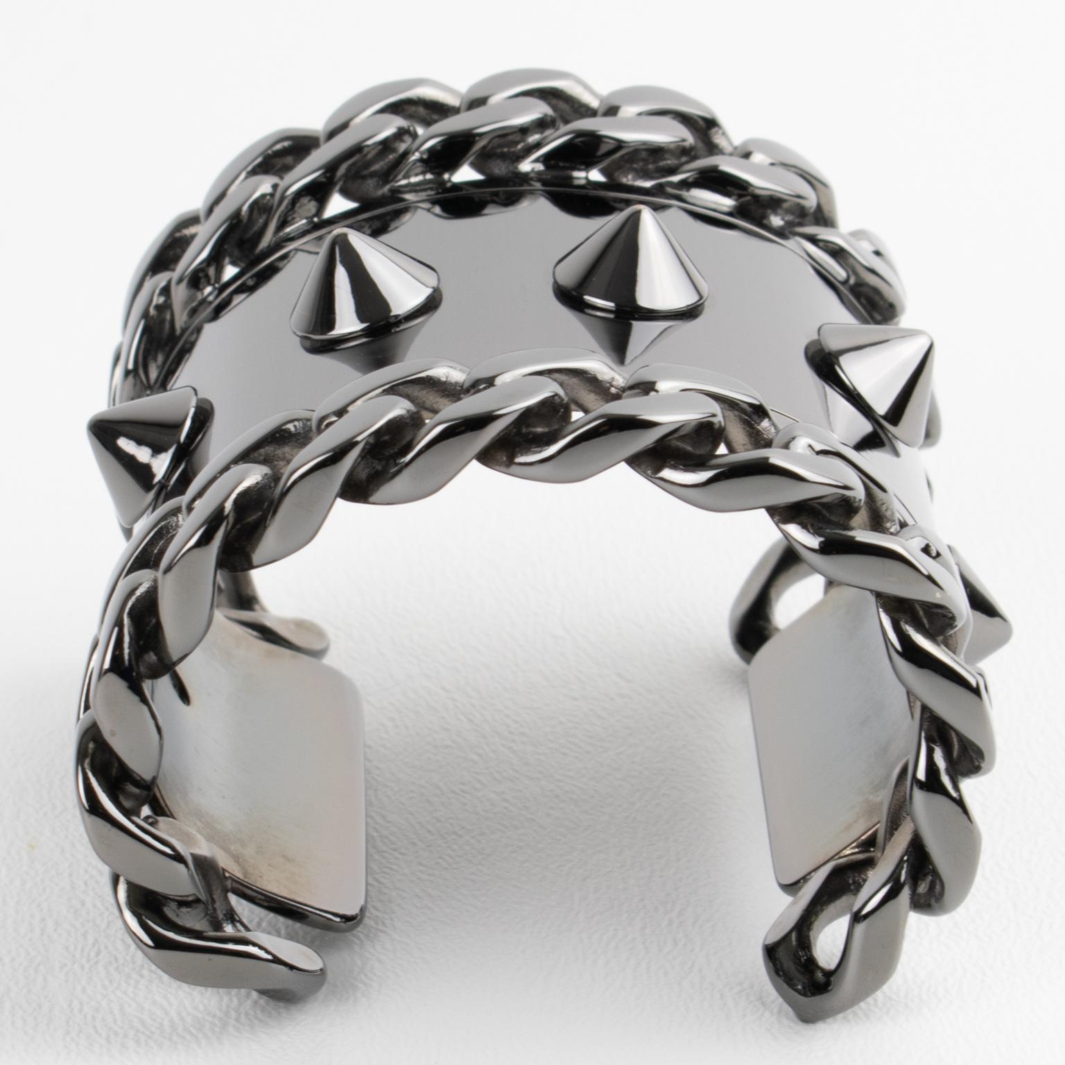 Givenchy Paris High-Gloss Gunmetal Chains and Studs Cuff Bracelet For Sale 3