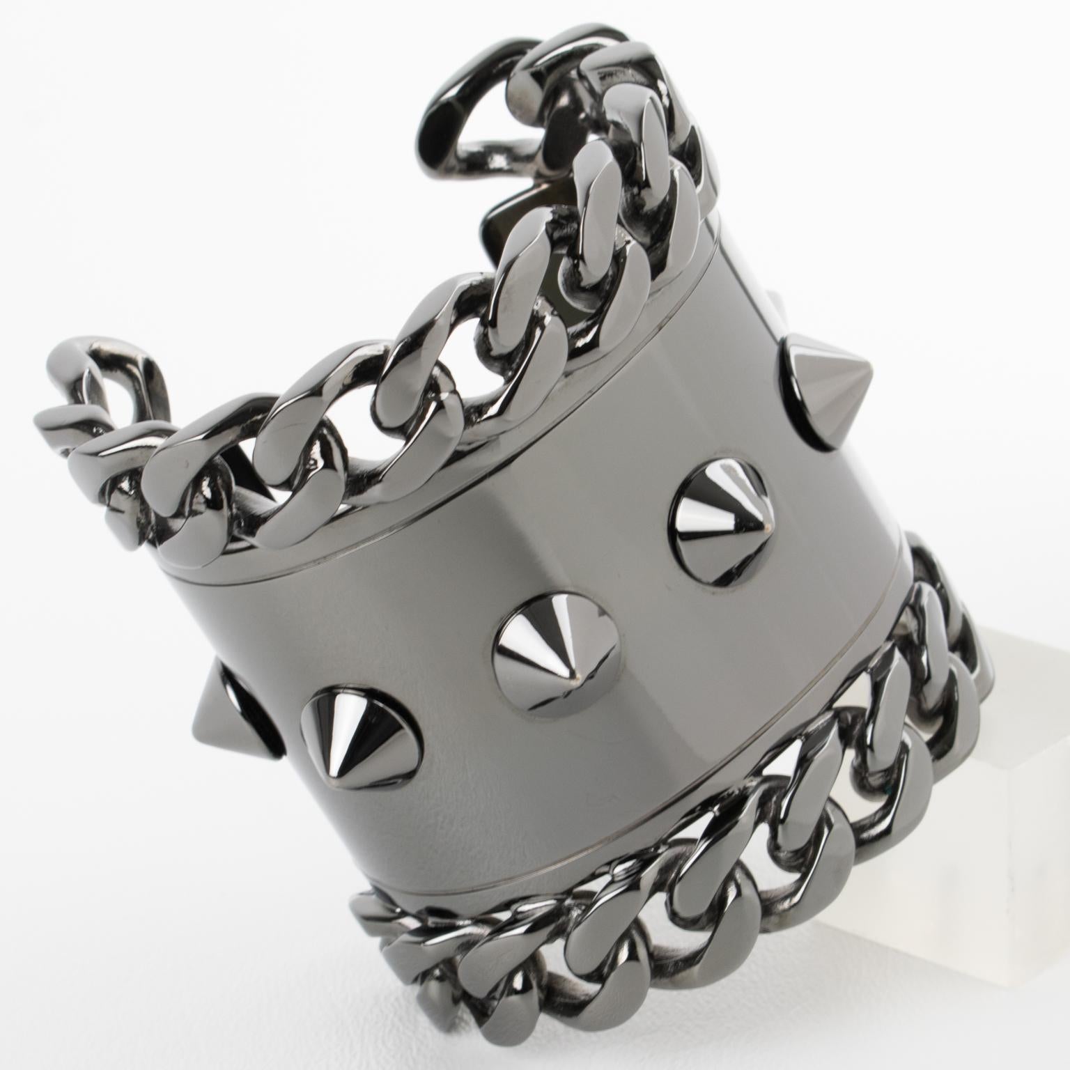 Givenchy Paris High-Gloss Gunmetal Chains and Studs Cuff Bracelet For Sale 4