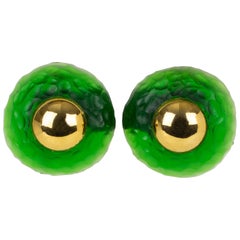 Givenchy Paris Massive Clip Earrings Gilt Metal and Green Lucite