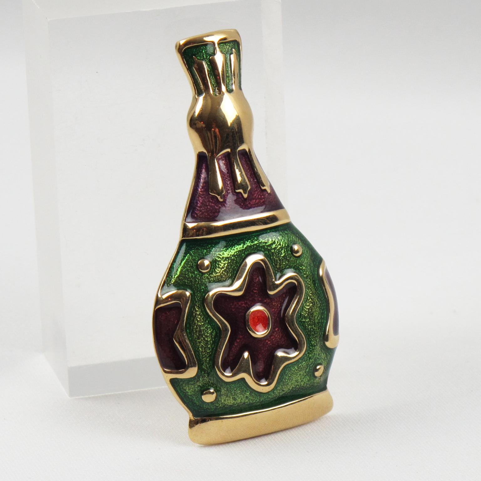 Baroque Revival Givenchy Pin Brooch Gilt Metal Bottle with Green and Purple Enamel For Sale