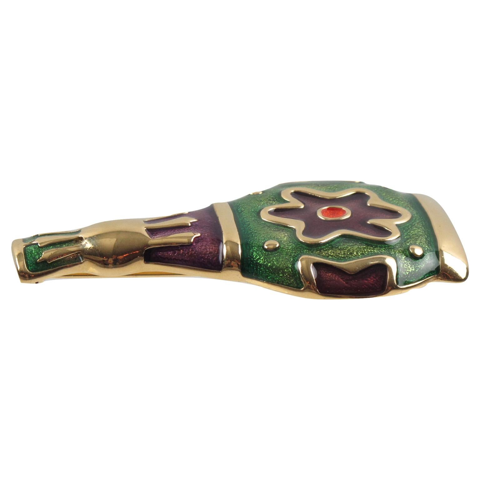 Givenchy Pin Brooch Gilt Metal Bottle with Green and Purple Enamel For Sale 1