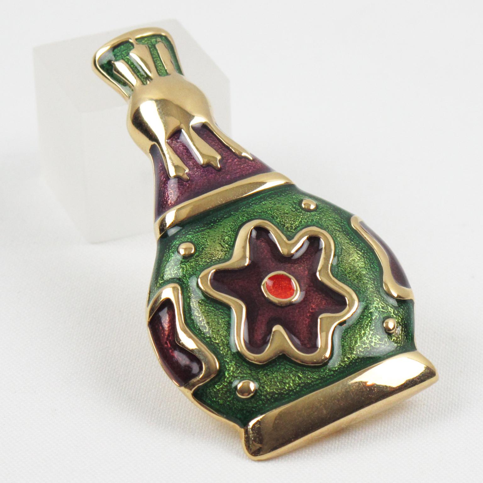 Givenchy Pin Brooch Gilt Metal Bottle with Green and Purple Enamel For Sale 2