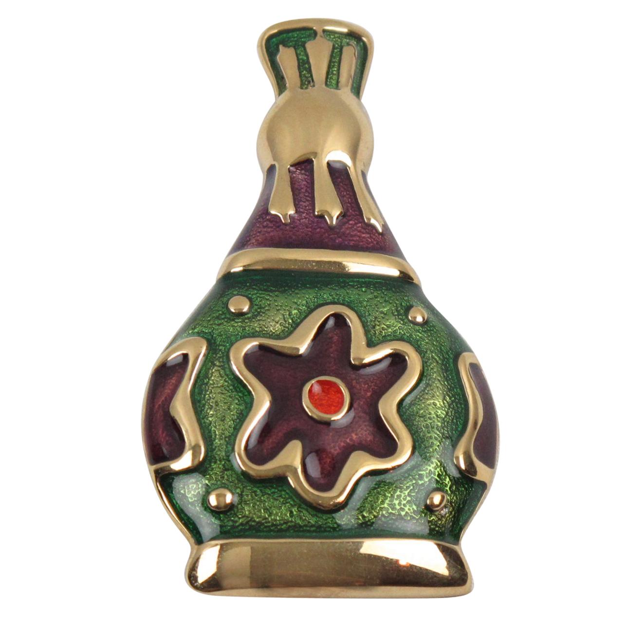 Givenchy Pin Brooch Gilt Metal Bottle with Green and Purple Enamel For Sale