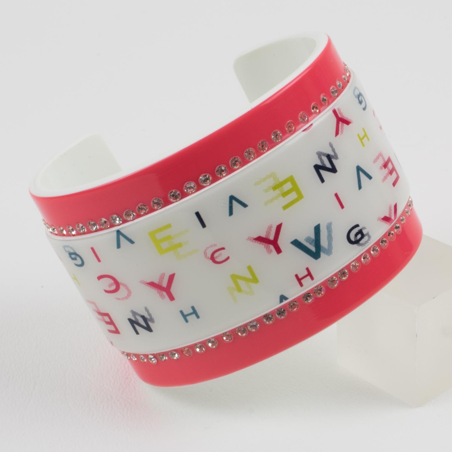 Givenchy Pink and Multicolor Logo Jeweled Resin Cuff Bracelet For Sale 3