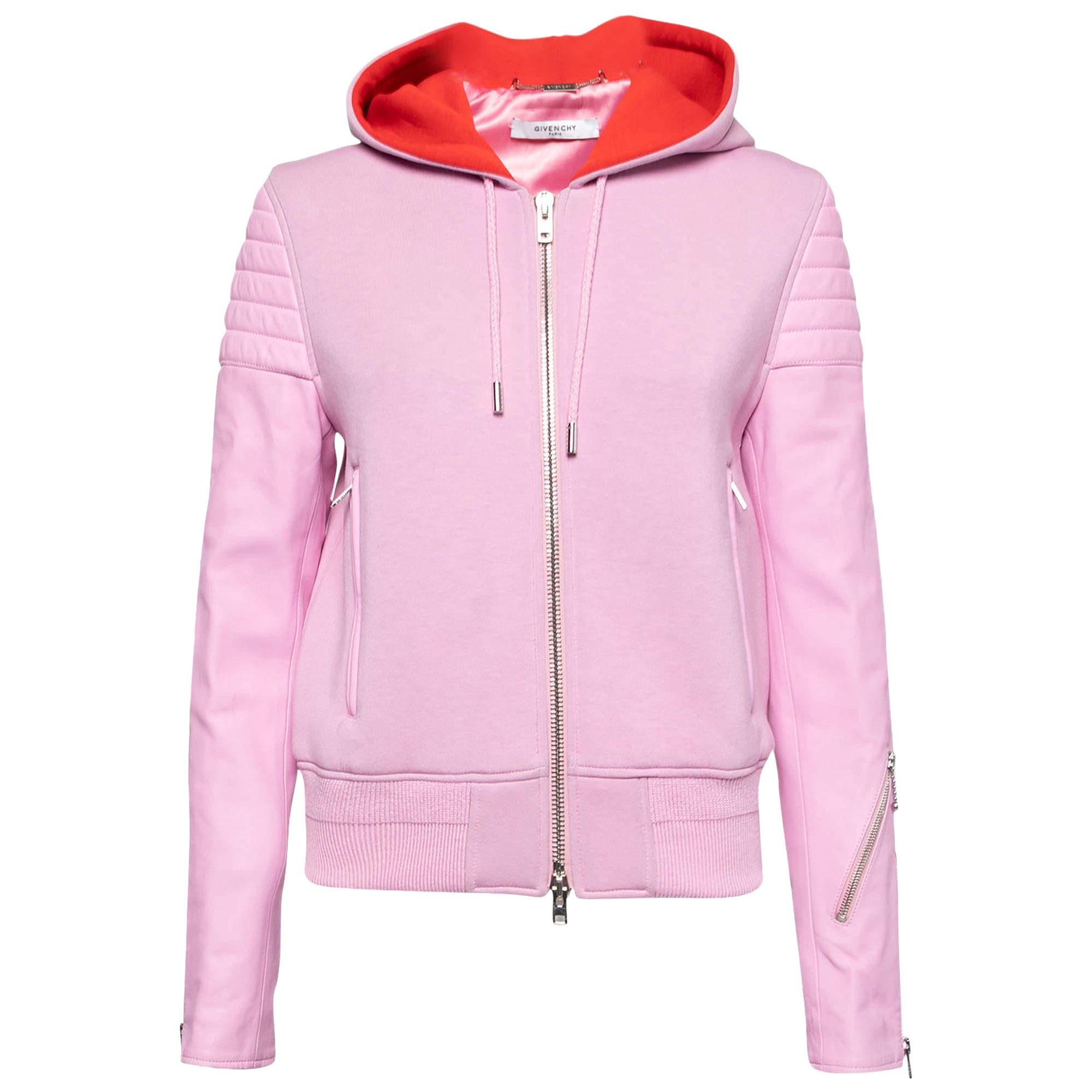 Givenchy Pink Neoprene & Leather Zip Front Hoodie M