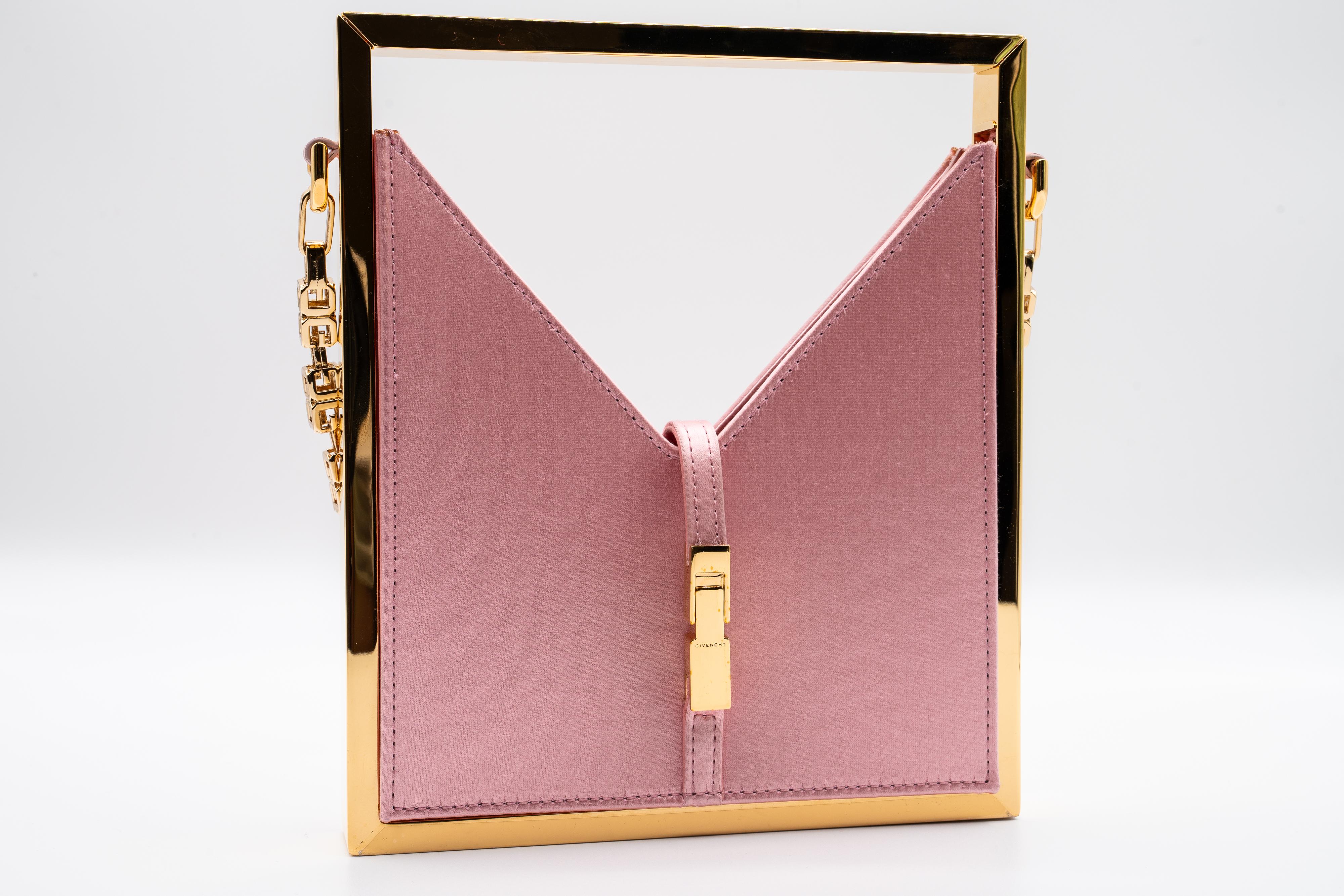 Givenchy Pink Satin Gold Frame Chain Micro Cut Out Bag In Excellent Condition For Sale In Boca Raton, FL