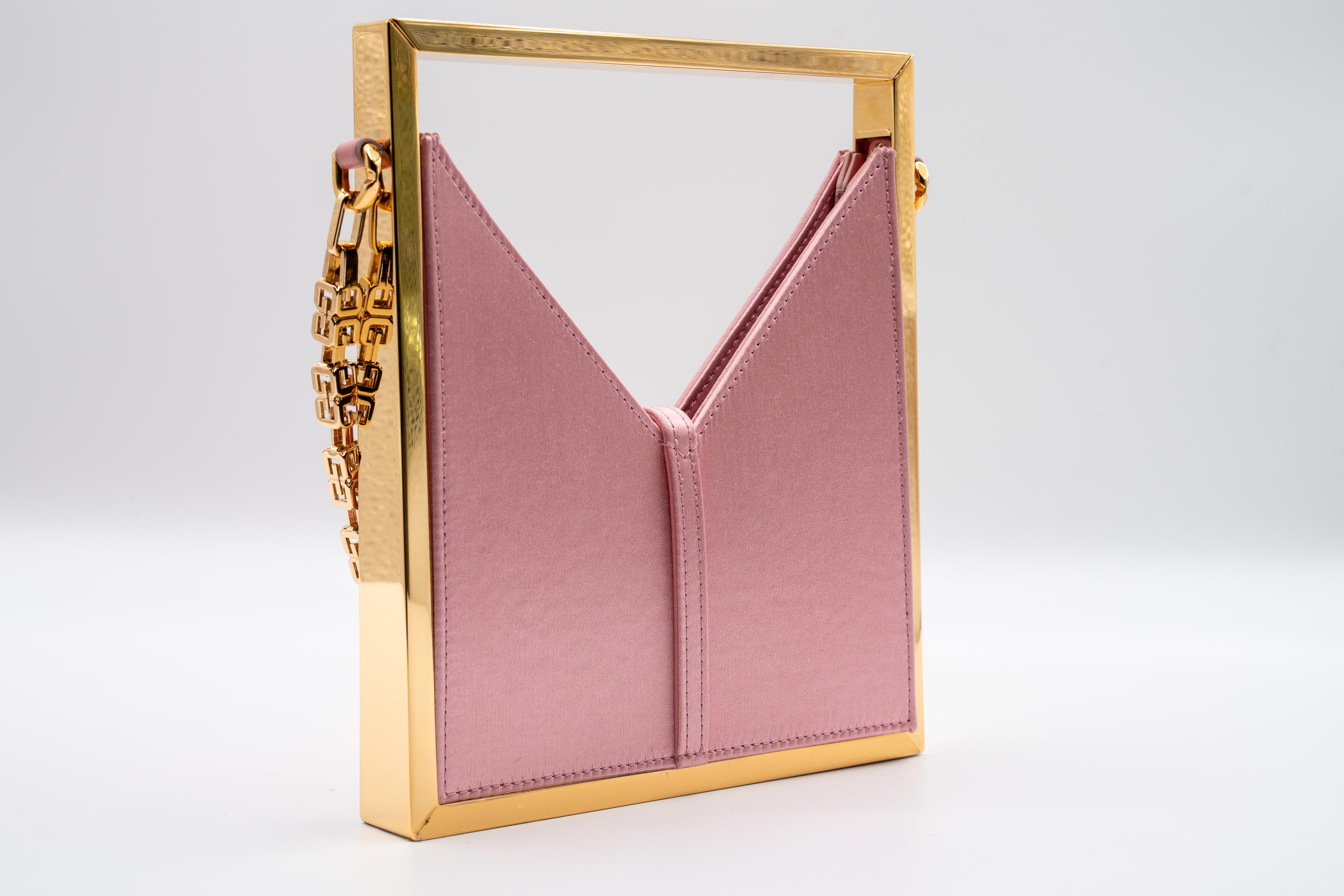 Givenchy Pink Satin Gold Frame Chain Micro Cut Out Bag For Sale 1