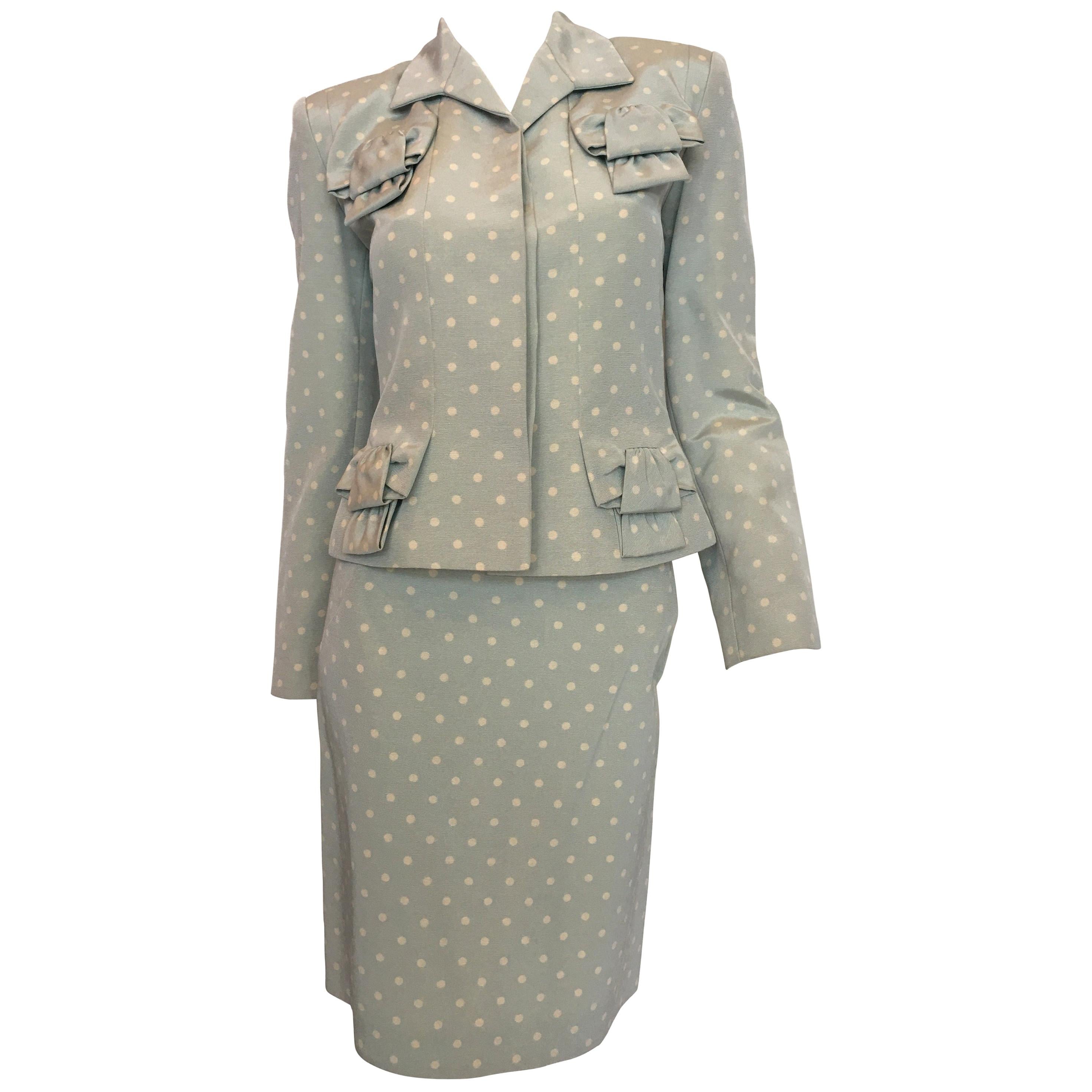  Givenchy Powder Blue and White Polka Dot Skirt Suit, 1990s  For Sale