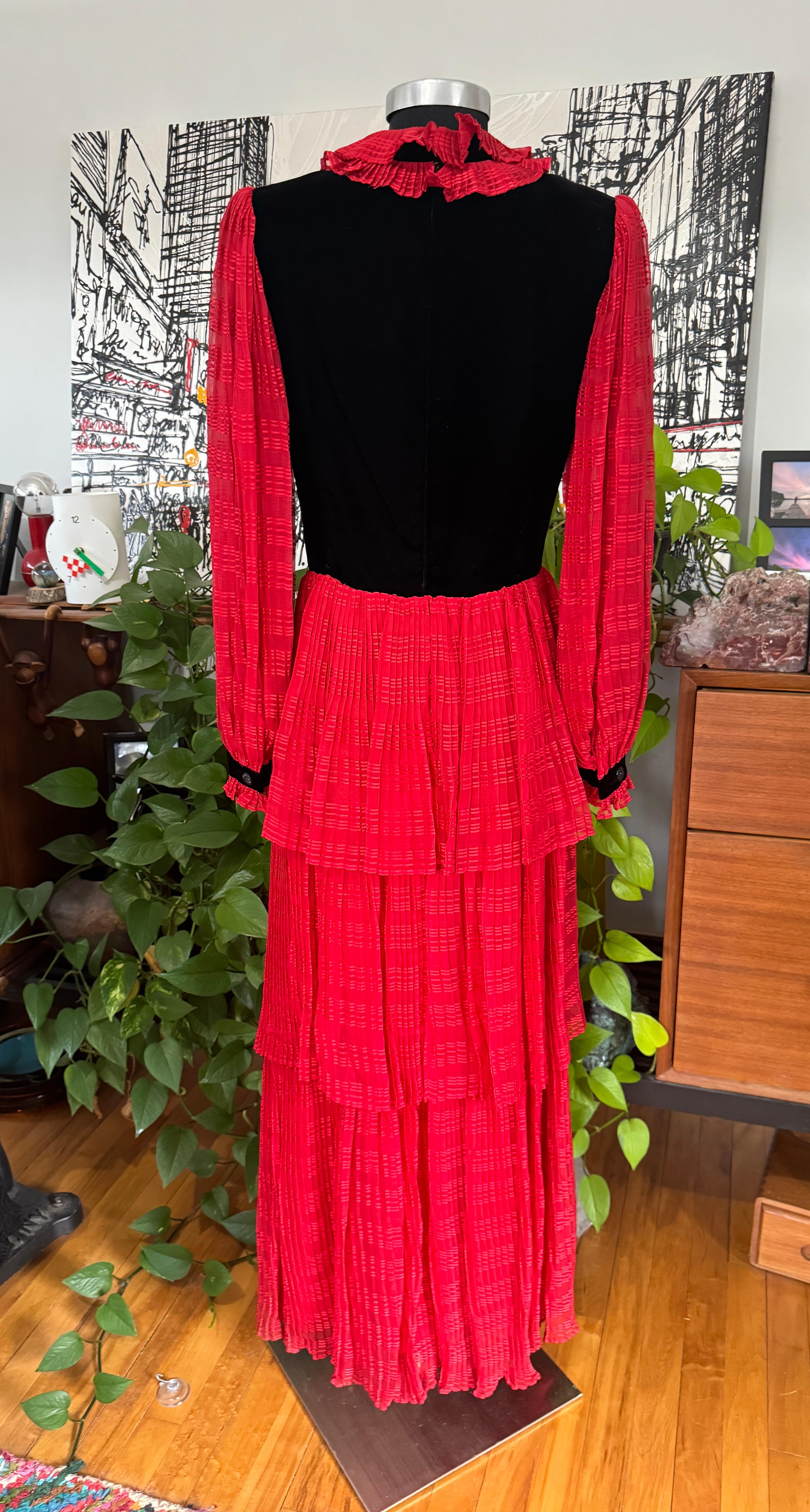 Givenchy Red & Black Ruffled Tiered Gown 1970s For Sale 9